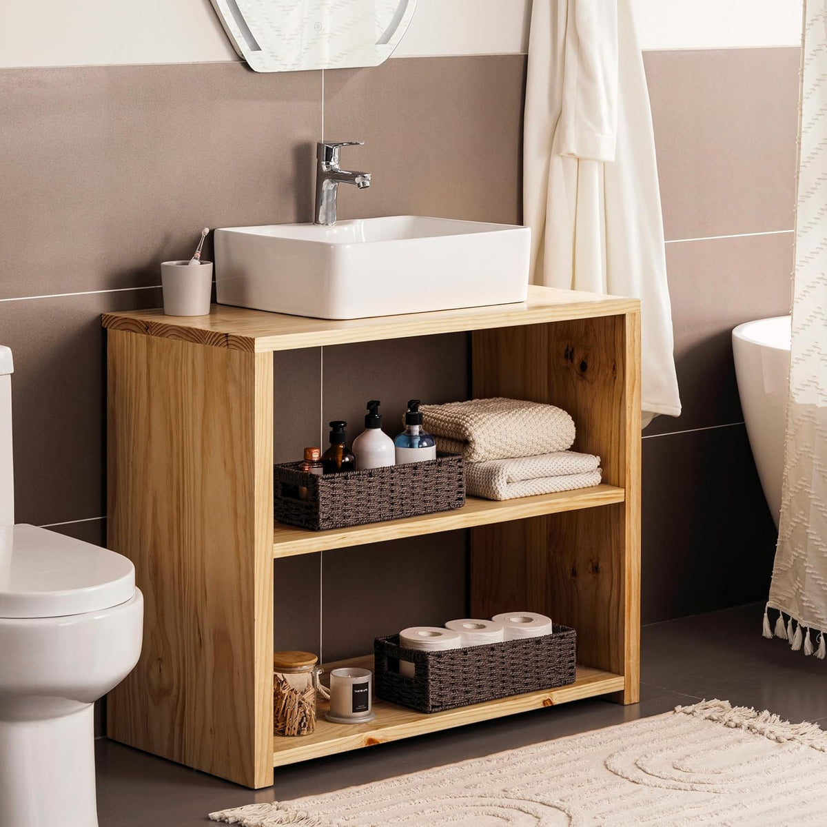 UBBCARE Toilet Tank Basket for Bathroom, Hand Woven Paper Wicker Basket for Organizing, Countertop Decorative Storage Basket with Handles, 2-Pack, Dark Brown