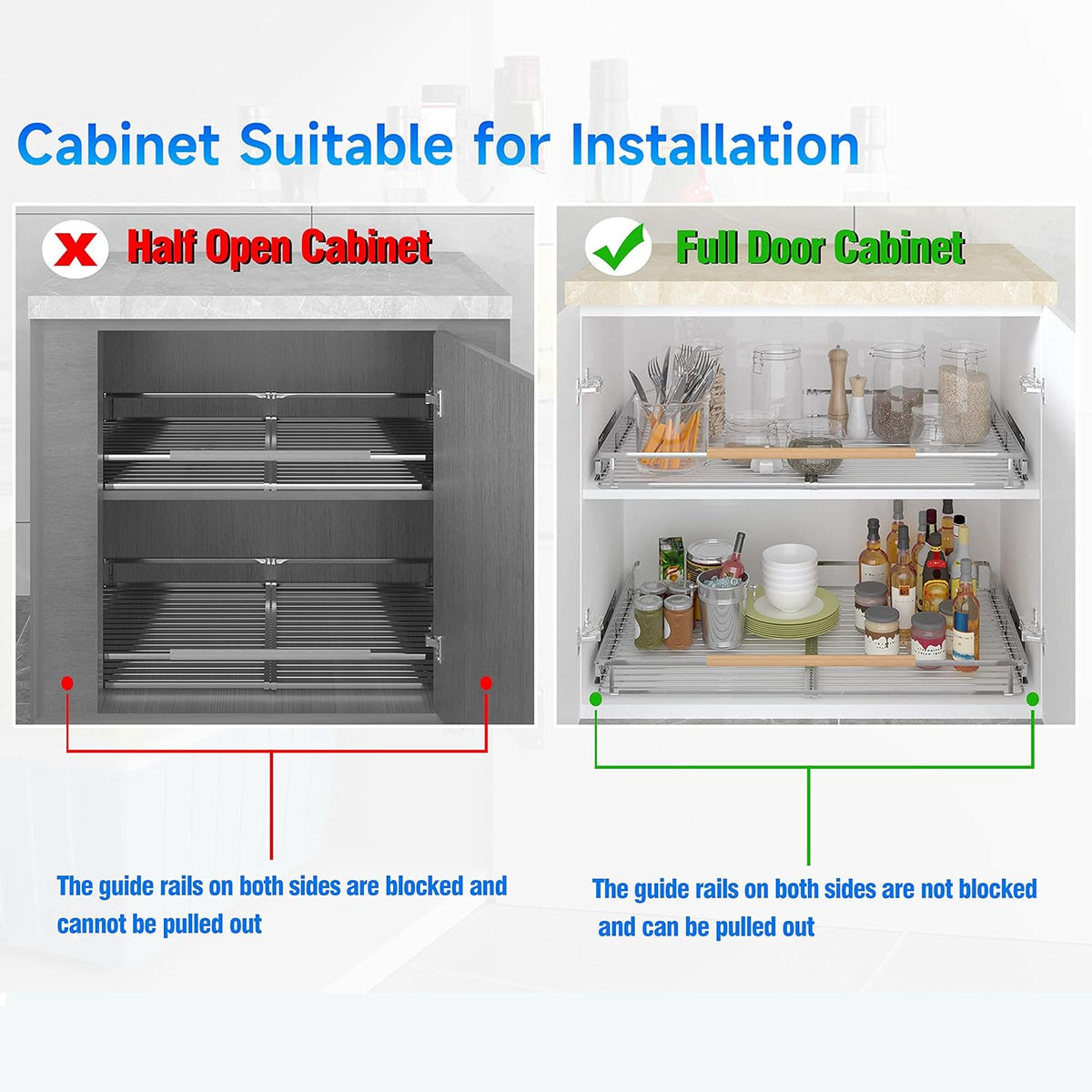 2Pack Expandable Pull Out Cabinet Organizer,11.8~18"W x 17"D Heavy Duty Slide Out Shelves Adjustable Height Cabinet Pull Out Shelves,Expandable Width Spice Rack Organizer for Kitchen Cabinet
