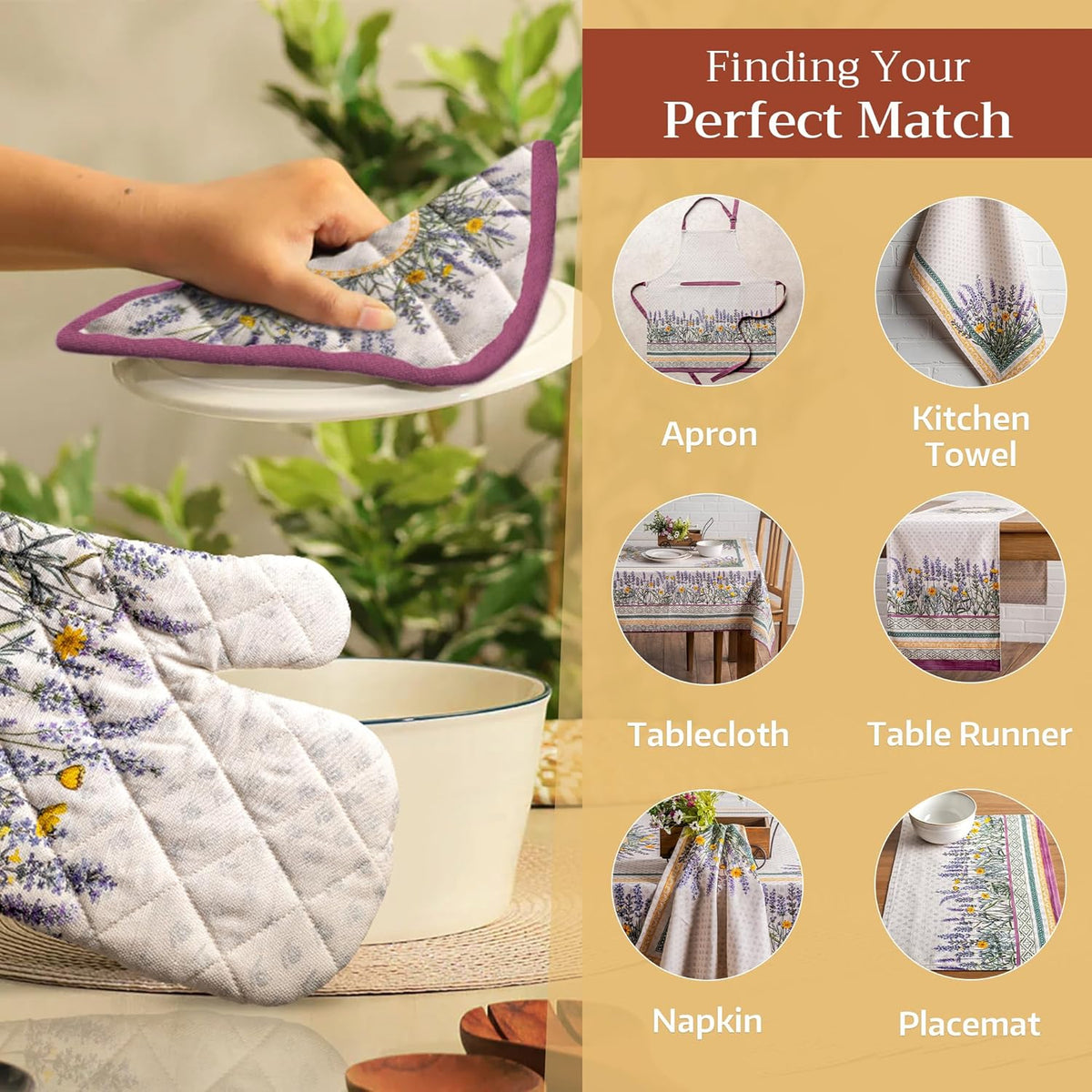 Maison d' Hermine Oven Gloves 100% Cotton Oven Mitt 7" x 13" with Loop Heat Resistant, BBQ, Cooking Gloves, Baking, Grilling, Kitchen, Handling Hot Pans Spring/Summer (Pack of 1, Fanny Lavender)