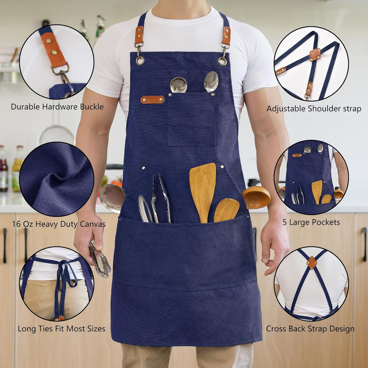 Canvas Aprons for Men Chef Apron, Work Apron with Large Pockets - 16oz Heavy Duty Cross Back, BBQ, Cooking