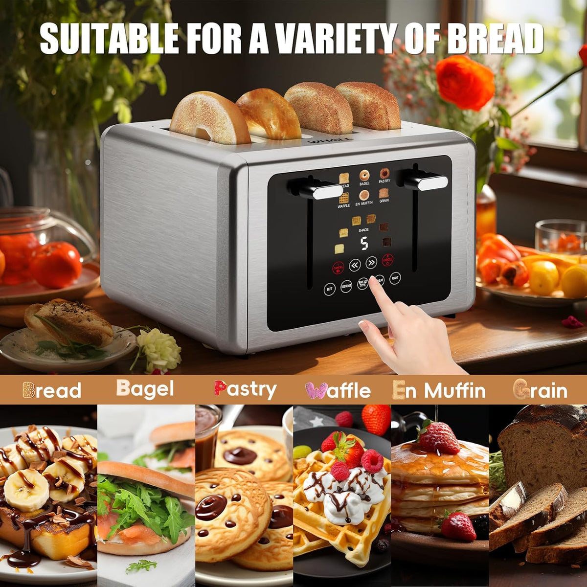 whall 4 Slice Touch Screen Toaster, Stainless Steel Toasters Digital Timer, Dual Control Panel Toasters，6 Shade Settings＆6 Bread Types, Smart Wide Slots, Bagel, Cancel, Defrost,Flat lever Stainless