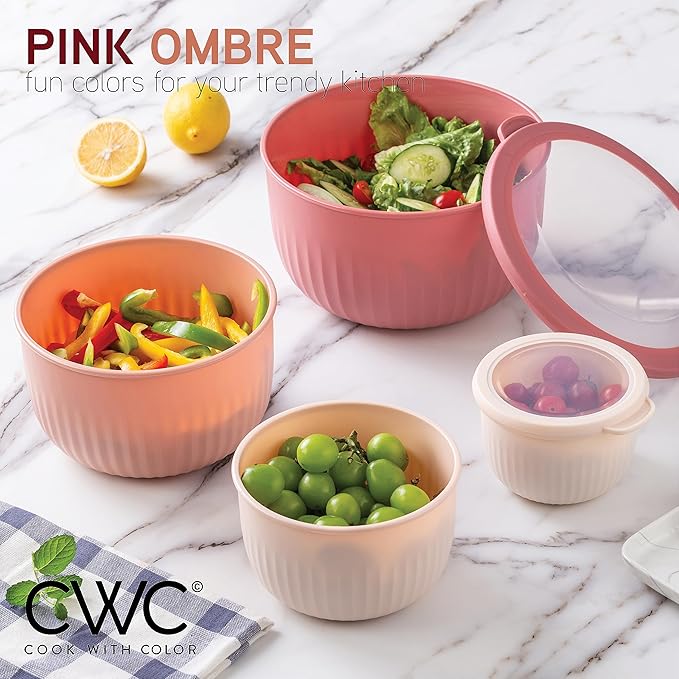 COOK WITH COLOR Prep Bowls with Lids- Wide and Deep Nesting Plastic Small Mixing Bowl Set with Lids, 12 Piece Set - Deep Bowls, Rose