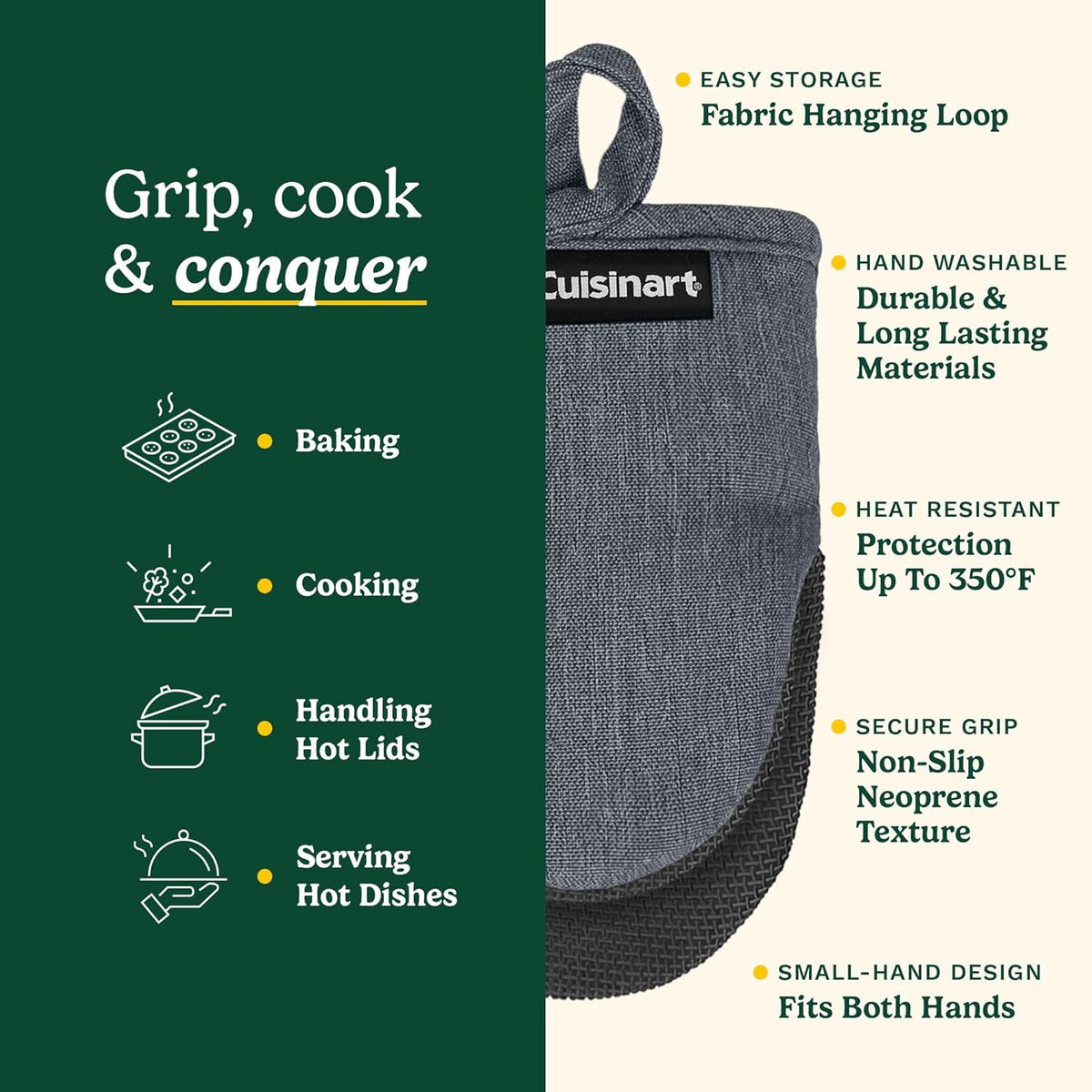 Cuisinart Mini Oven Mitts – 5.5” x 7” Heat-Resistant Kitchen Mitts for Oven with Non-Slip Neoprene Palm, Cotton Filling, and Fabric Loop – Durable Oven Mitt Set for Cooking & Baking (Charcoal)