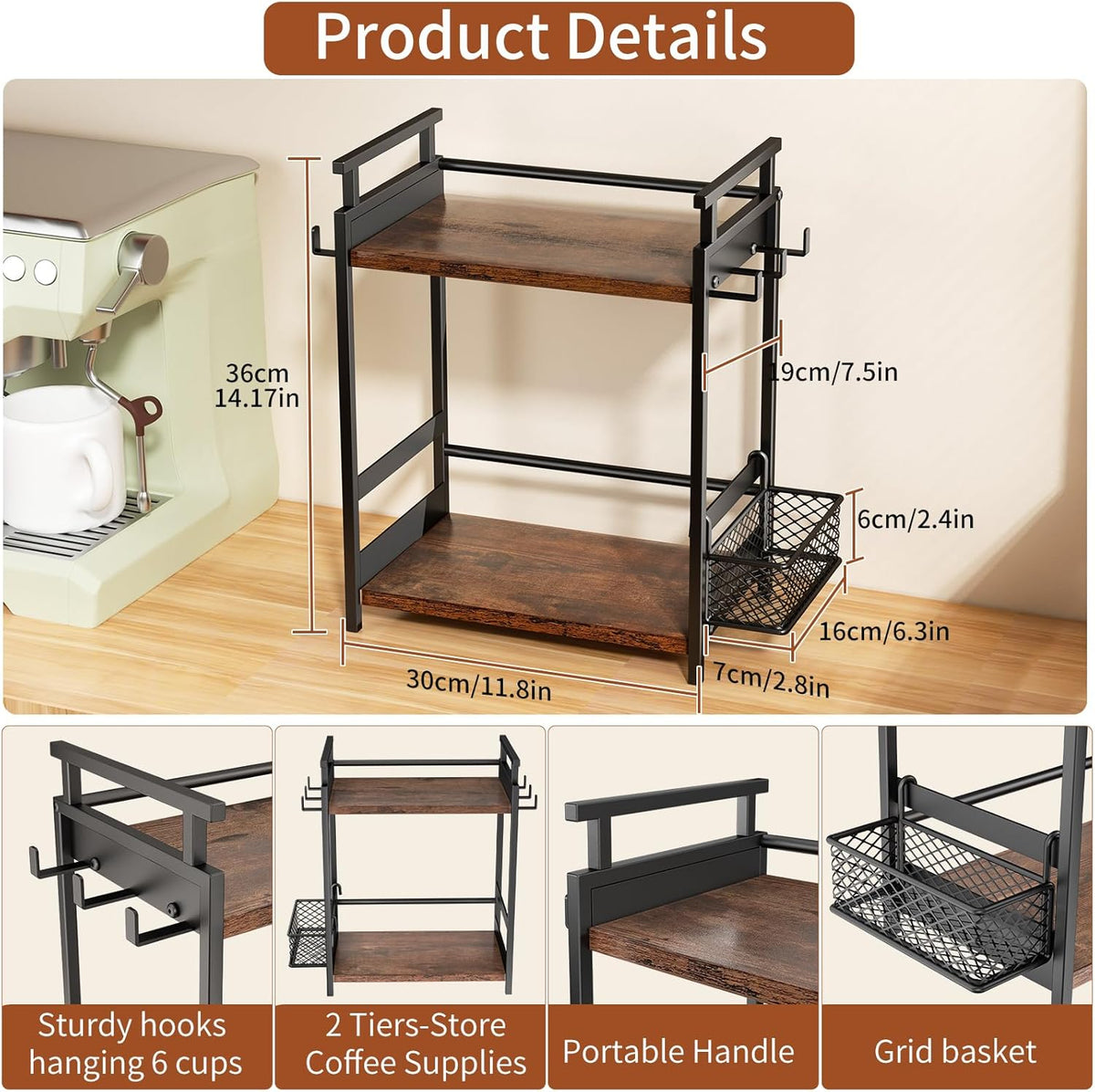 KLM 2 Tier Coffee Bar Organizer for Home Office, Spice Rack for Countertop, Kitchen Counter Storage Shelf with Hanging Basket, Coffee and Tea Condiment Station Organizer