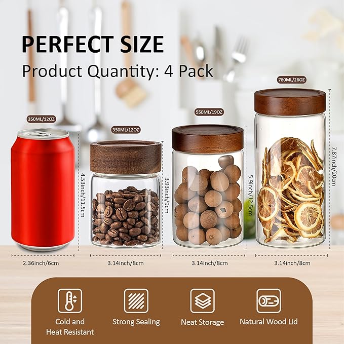 12 oz/350 ml Clear Glass Storage Canister with Airtight Wooden Lid, 4 Pack Small Overnight Oats Containers, Cute Decorative Salad Jar for Snacks Yogurt Spice Sugar Cereal Fruit Coffee Tea