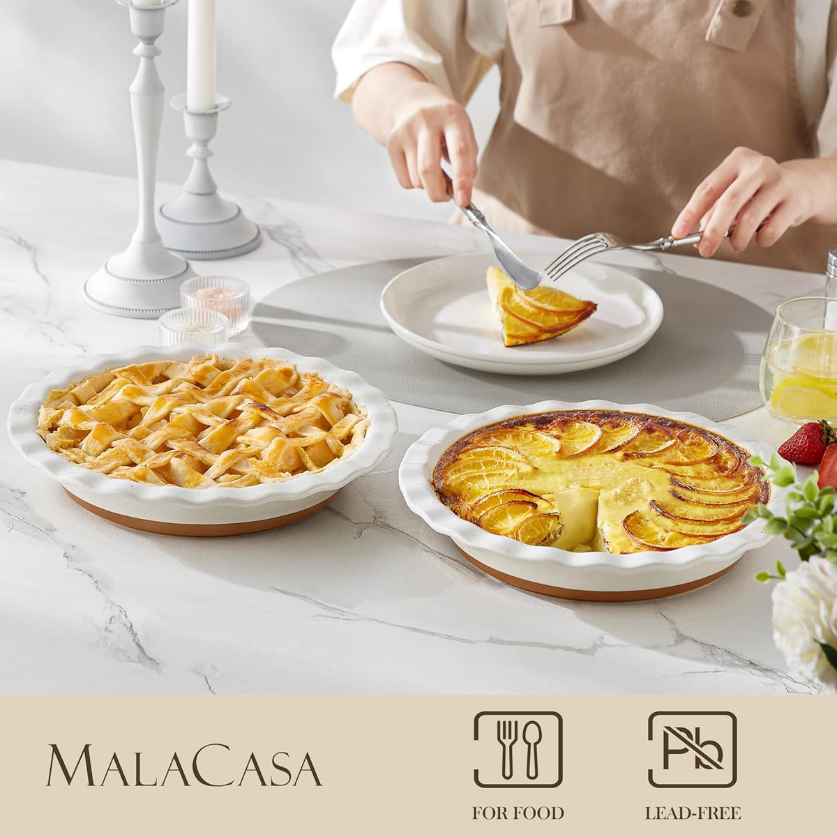 MALACASA Ceramic Pie Pan Set of 2-9 Inch Quiche Baking Dish Nonstick Pie Plate, Deep Dish Scratch-Resistant Pie Pan for Apple Pie Pot Pie, Series TARA