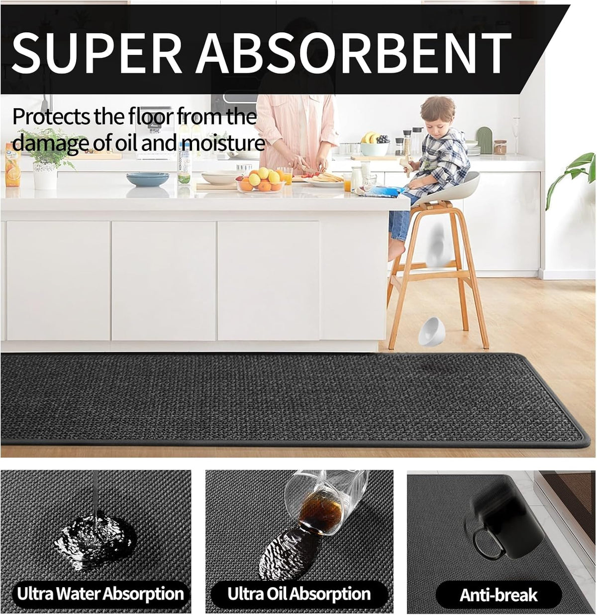 Kitchen Mats for Floor, Super Absorbent Kitchen Rugs Non Slip Washable, Soft Imitation Linen Braided Kitchen Runner Rug, Standing Mat Kitchens Sink Mat, Easy to Clean, Black 17x71