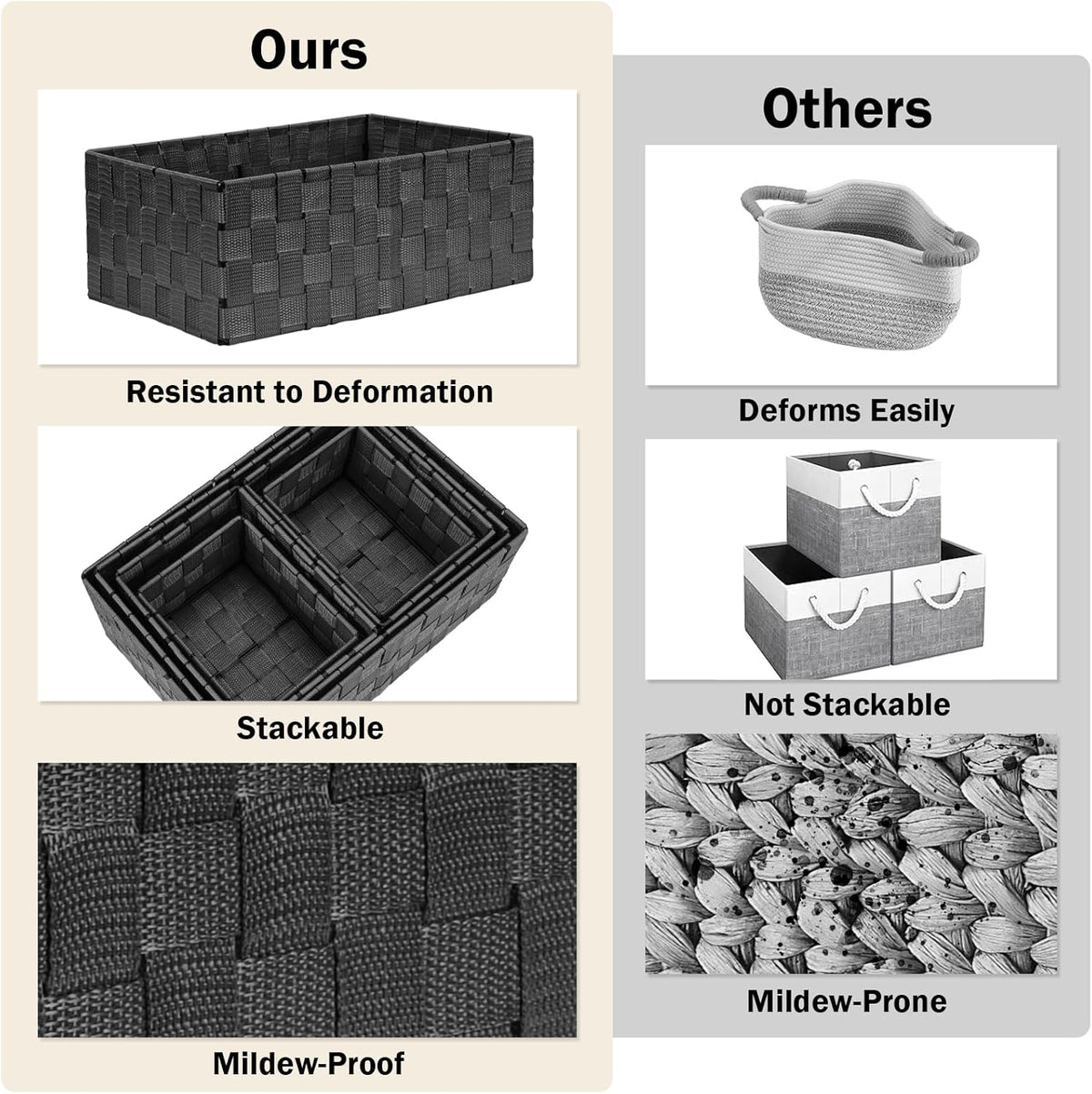 Woven Storage Baskets, Storage Bins, Cube Basket Container Baskets Storage Boxes Organizers for Clothes /Shelves/ Closet, Set of 6 (Black)