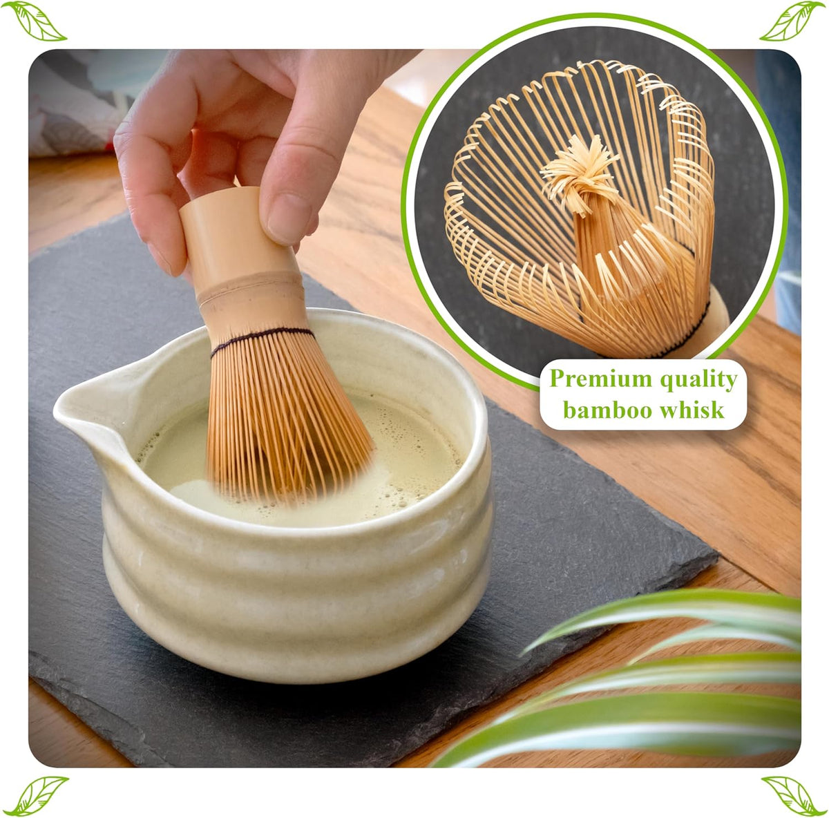 Marce Matcha Whisk Set- Matcha Set includes Matcha Whisk and Bowl (Bowl with Spout), Sifter, Holder and Scoop- The Perfect Bamboo Whisk for Matcha Tea (Molted Green)