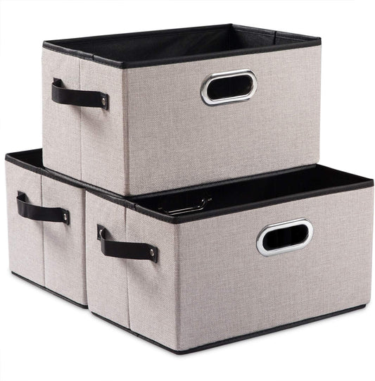 PRANDOM Large Fodable Storage Bins for Closet [3-Pack] Decorative Linen Fabric Storage Bins Cubes with Leather/Metal Handles for Shelves Bedroom Living Room Light Grey (14.9x9.8x8.3 Inch)