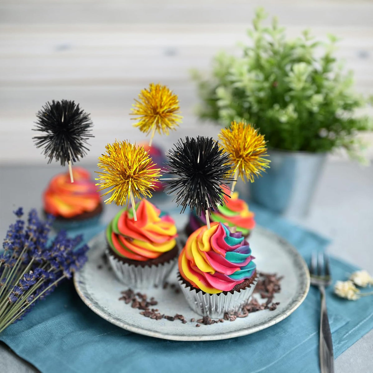 Gyufise 30Pcs Foil Firework Cupcake Toppers Sparkle Tinsel Cake Toppers Tinsel Drink Cake Decoration Cocktail Picks for Birthday Wedding Graduation Party Supplies Gold Black