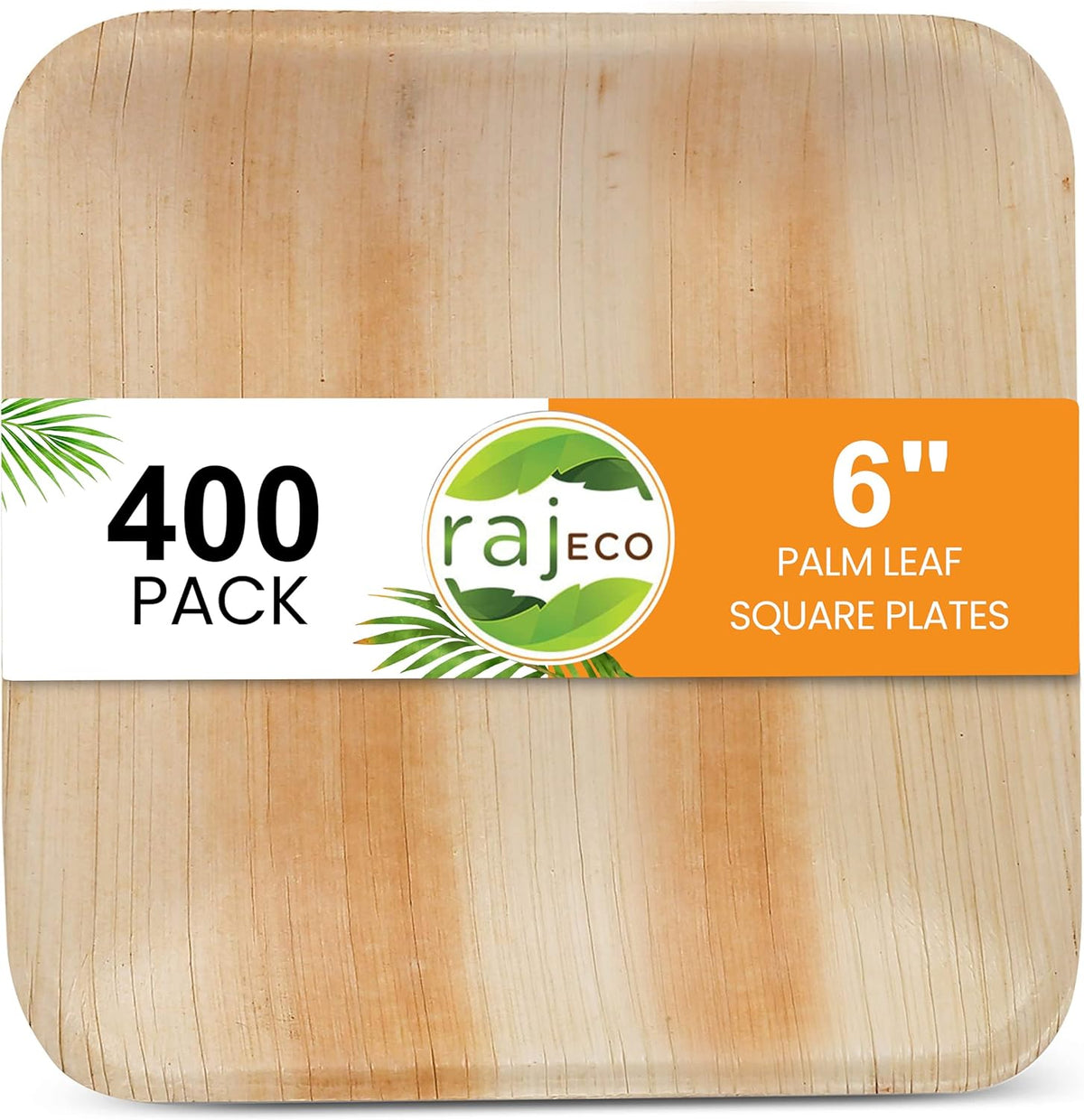 Raj Palm Leaf Bulk Plates 6" 400 Square Plates like Bamboo plates Disposable, Decorative Compostable Tableware for wedding, Lunch, Dinner, Birthday, Camping, Outdoor BBQ, Picnic
