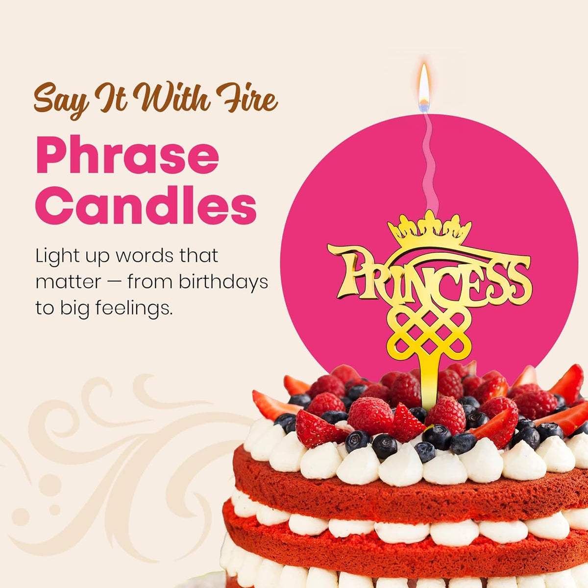 Princess Reusable Gold Romantic Cake Candle - Luxury Cake Topper Candle for Birthdays, Weddings & Anniversaries - Reusable Food Safe Acrylic, Shiny Mirror Finish - Happy Birthday Cake Topper Decor