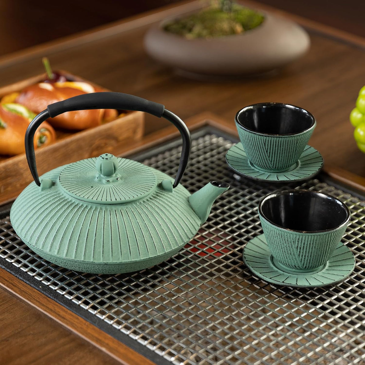 Cast Iron Teapot Set with 2 Tea Cups, 7Pcs Japanese Tea Kettle with Stainless Steel Infuser, Tea Pot Coated with Enameled Interior, Line Pattern, 27oz 780ml Green
