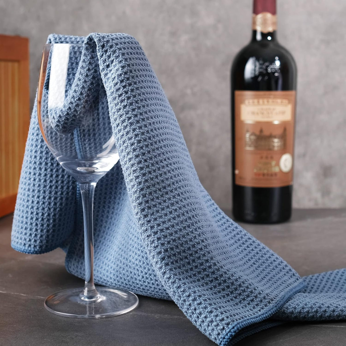 POLYTE Premium Microfiber Kitchen Dish Hand Towel Waffle Weave 12 Pack (16x28 in, Dark Blue, Gray, Off White)
