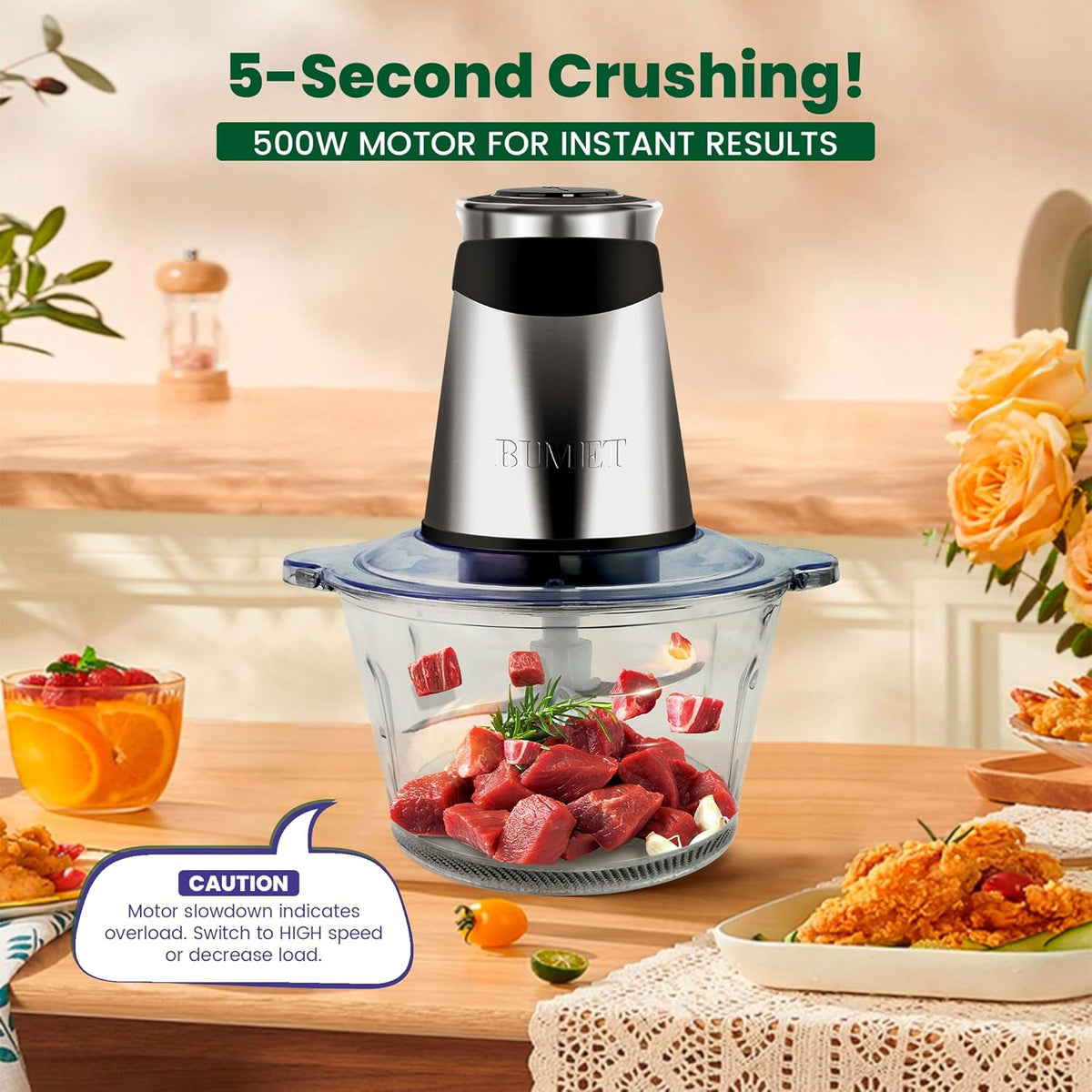 Electric food processor vegetable chopper 500W 2x8cup bowls 2 bi-layer 4 blades Small Food chopper Electric Meat grinder for home use,Mincing, and Puree for kitchen aid, baby foot, pet food by BUMET
