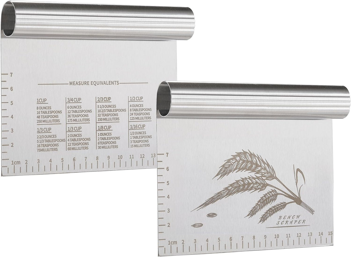 2PCS Dough Pastry Bench Cutter Scraper, OLULU Stainless Steel Kitchen Food Scraper with Protective Cover, Anti-Wear Laser-Engraved Measuring Scale and Ear Of Wheat, Dishwasher Safe (2Pack, 6 inch)