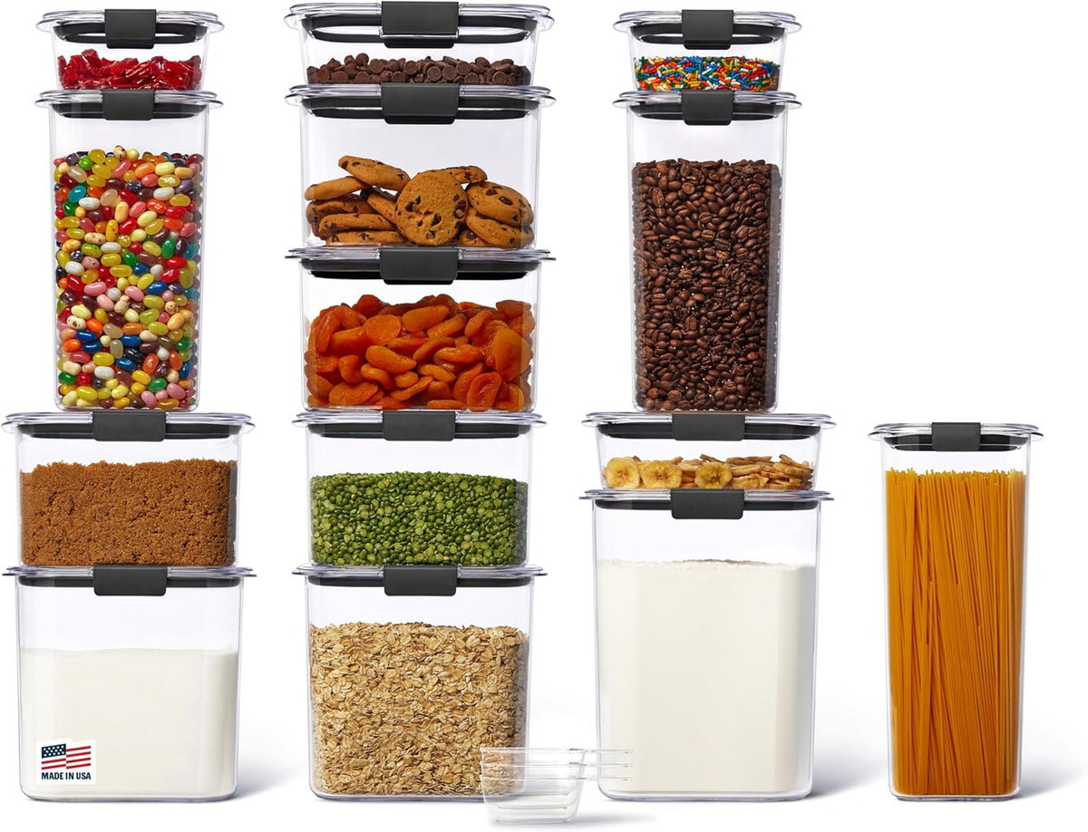 Rubbermaid Brilliance 14-Piece Food Storage Container Set with Scoops Airtight BPA-Free for Kitchen and Pantry Organization