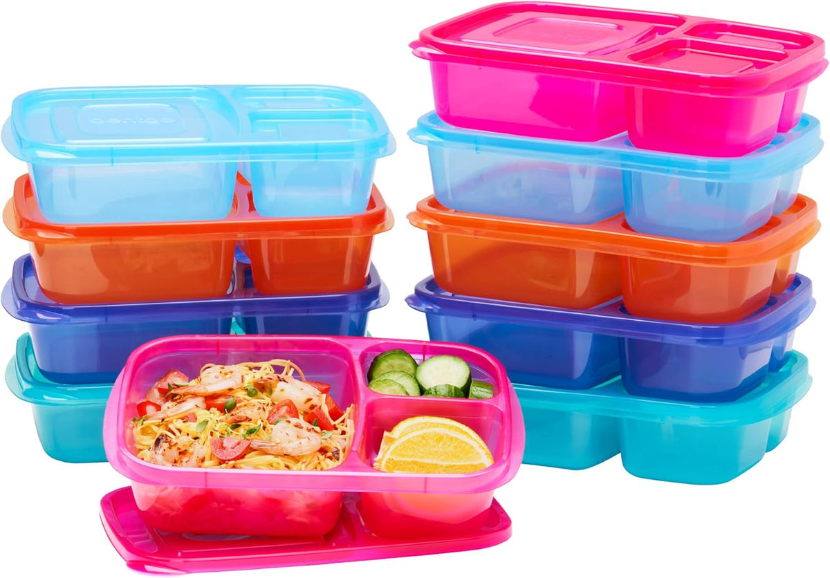 Bentgo Easyboxes - Original Stackable Lunch Boxes - Reusable 3-Compartment Food Containers for Kids and Adults - Bento Lunch Box for Meal Prep, School, & Work - BPA Free, Set of 10 (Jewel Brights)
