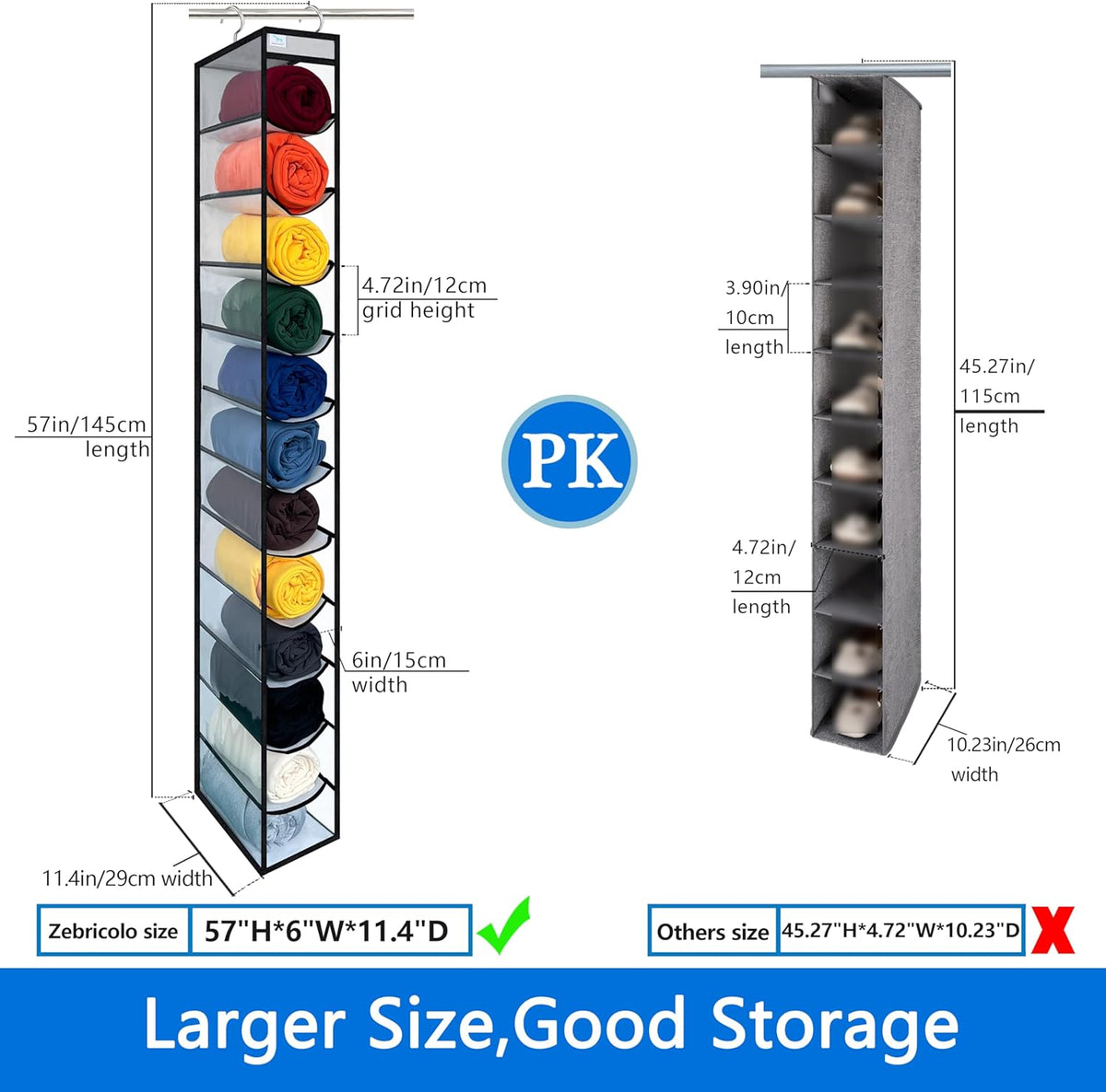 Closet Organization,12 Section, Hanging Closet Organizer, Space Saving, College Dorm Essentials for Girls,Heavy dutys Hooks Up to 45 Pounds,Clothes Storage,Closet Organizer,White/Black