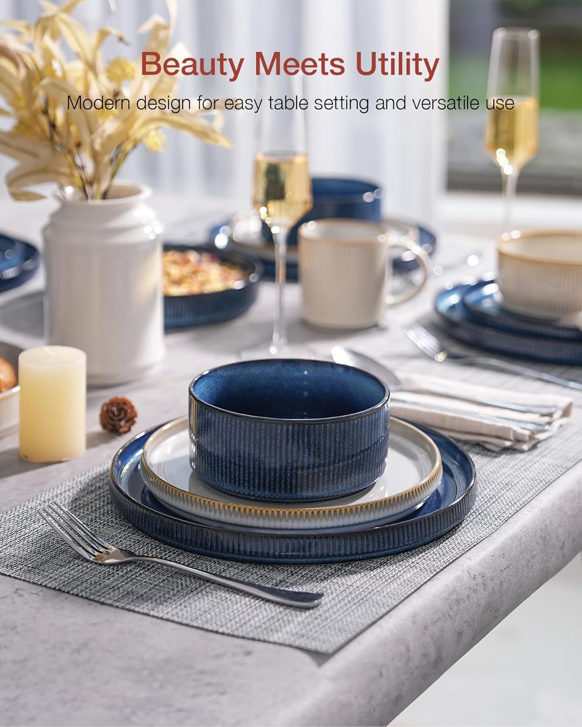 Famiware Star Dinnerware Set, Plates and Bowls Sets for 4 (12pcs), Ribbed Stoneware Dishes - Chip & Scratch Resistant, Microwave & Dishwasher Safe, Multicolor - Cappuccino White & Nebulas Blue