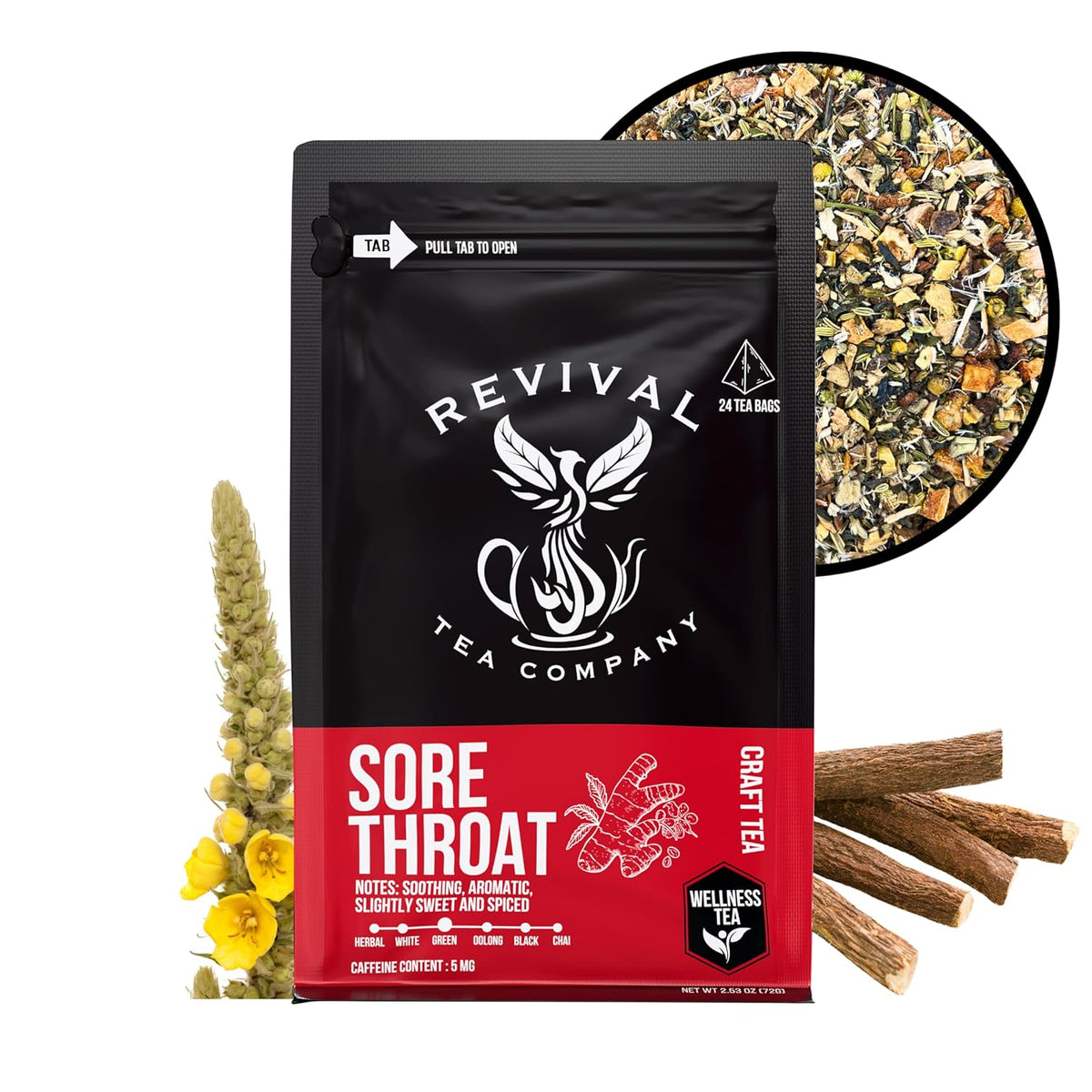 Sore Throat Tea - Wellness Tea Made with Elm Bark, Licorice Root and Marshmallow Root with Herbal and Medicinal Properties - Low Caffeine - 24 Tea Bags