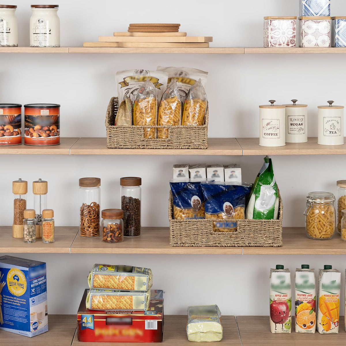 StorageWorks Pantry Baskets for Organizing, Seagrass Storage Baskets for Shelves with Built-in Handles, Pantry Organizers and Storage, Set of 2 (Large and Medium)