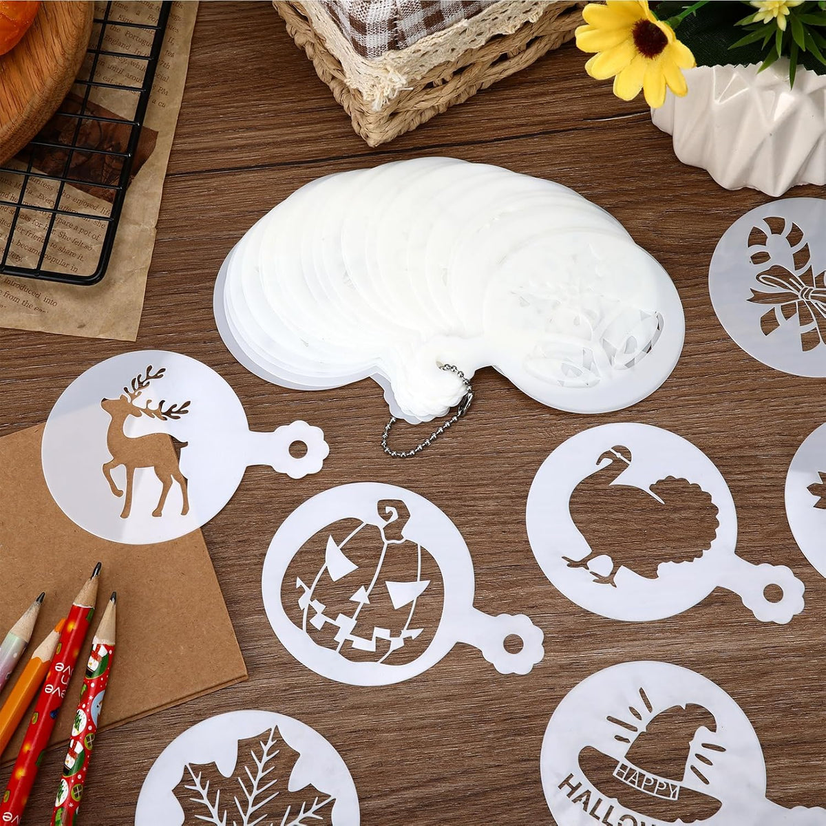 JULBEAR 36 Pieces Reusable Cookie Cake Stencils, Templates Mold Tools for Christmas Halloween Thanksgiving Cookies Baking Painting Dessert Coffee DIY Party Decoration