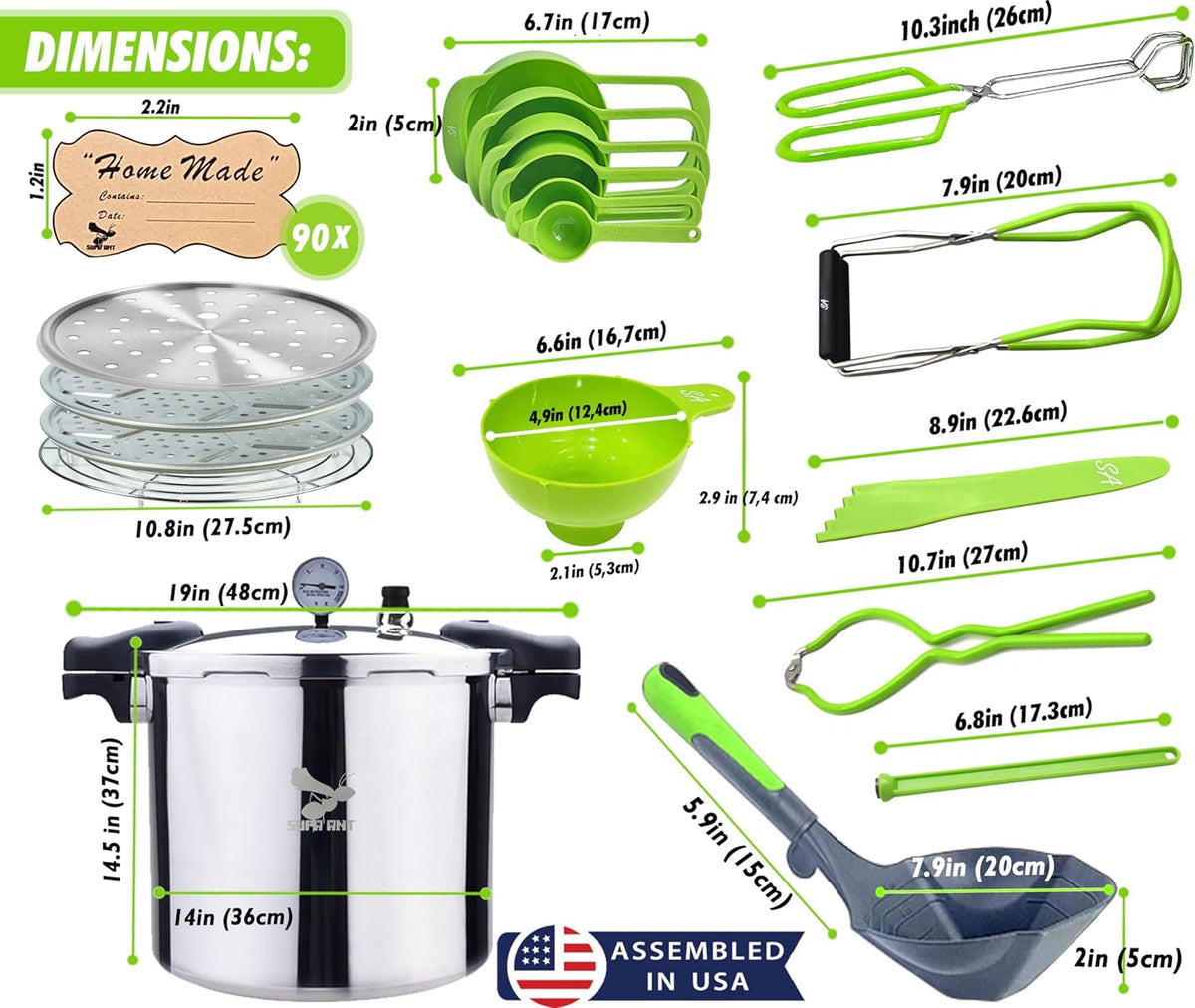 Supa Ant Pressure Canner 23 Qt with Canning Supplies Starter Kit - Canning Pressure Cooker with Gauge - Water Bath Canner Pot with Rack and Lid - Jar Lifter, XL Ladle, Jar Tongs, and Bubble Popper
