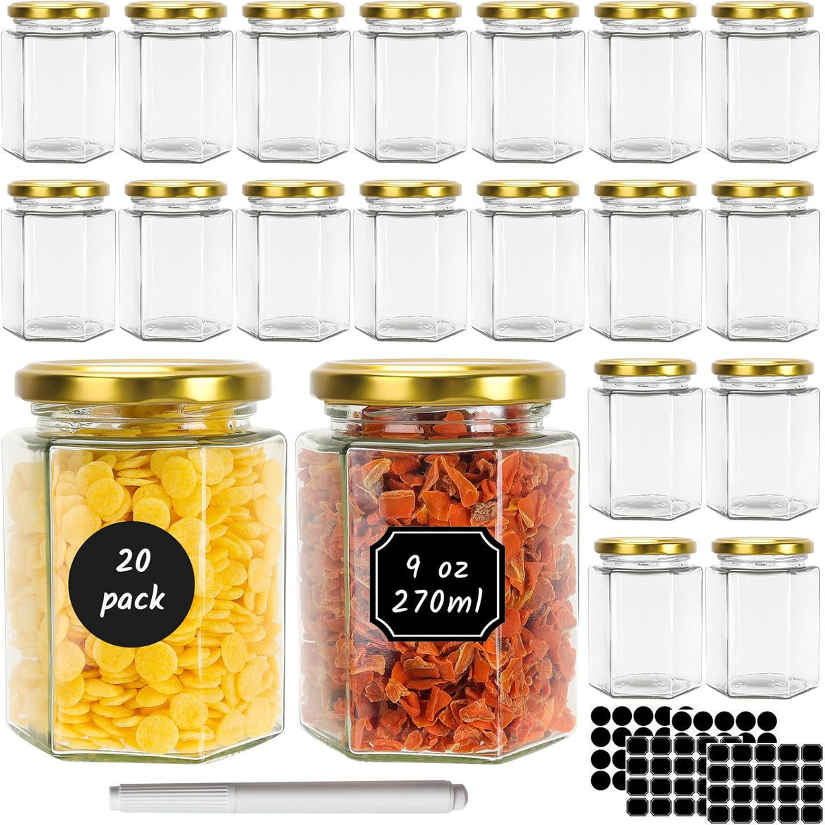 9 oz Hexagon Glass Jars with Gold Lids, 20 Pcs Canning Jars for Jam, Honey, Jelly, Candy, Candle, Wedding Favors, Baby Shower Favors, Spice Jars Crafts with Stickers and Pen for Labeling