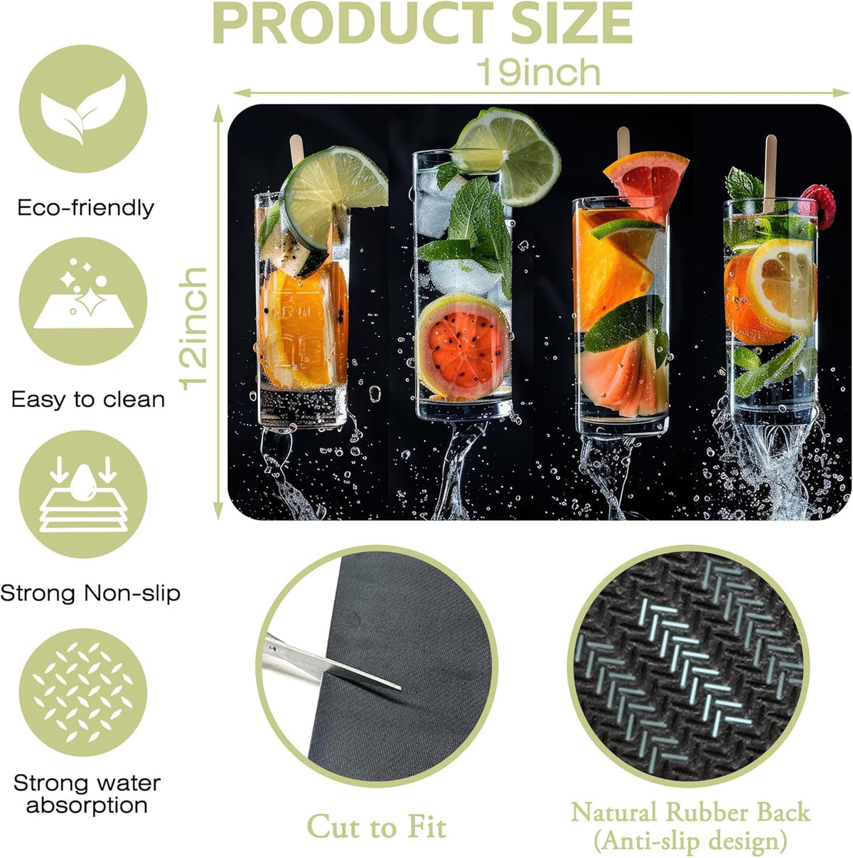 Dish Drying Mat Glasses Filled with Various Fruits Kitchen Mat 12"x19" Bsorbent Coffee Maker Mat for Dishes,Utensils Coffee Maker Pots and Pans Easy Clean Dish Slip Resistant Pad