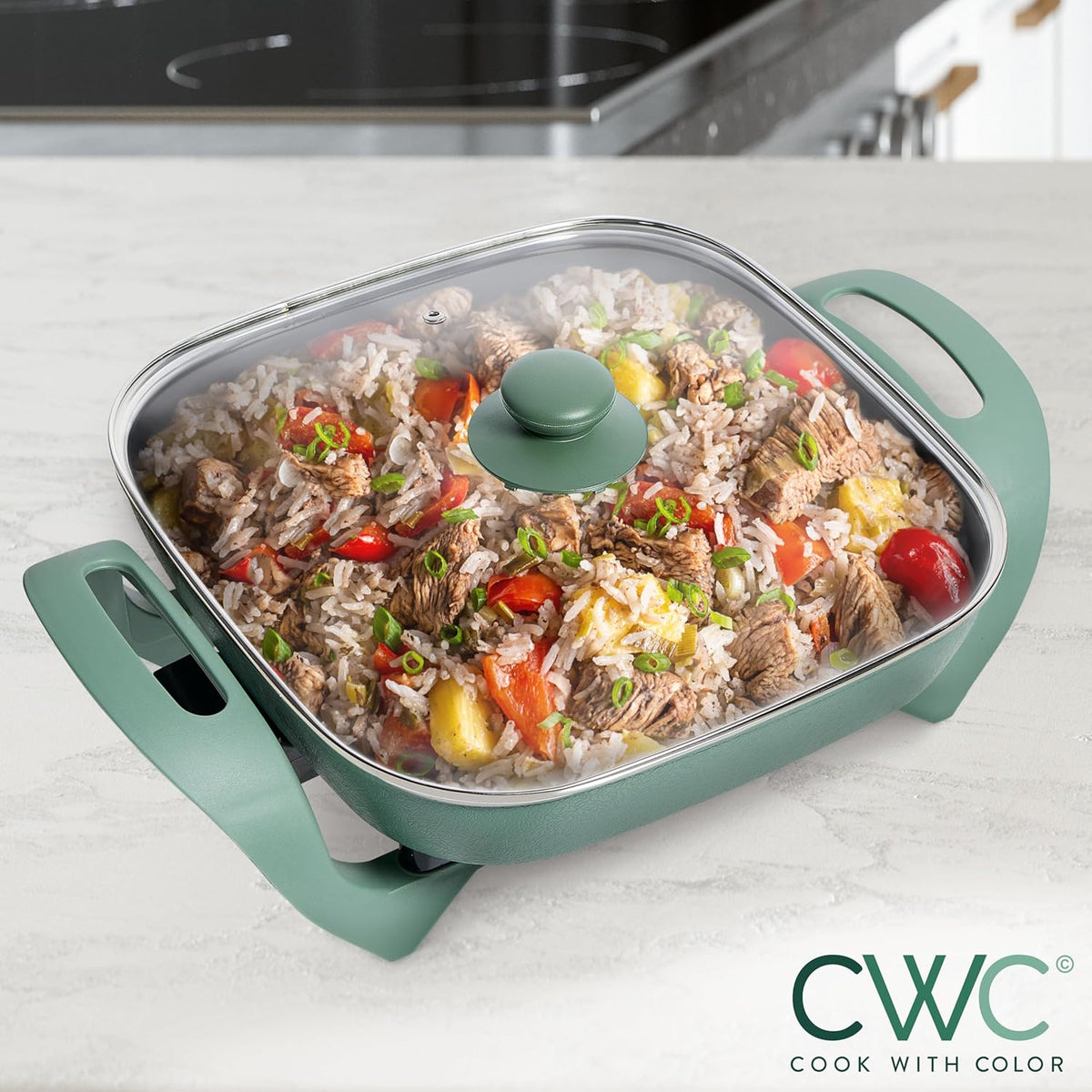 COOK WITH COLOR Electric Skillet - 12" x 12" Ceramic Nonstick Pan, PFAS-Free, 1400W, Tempered Glass Lid, Variable Temperature, Removable Heating Probe, Cool-Touch Handles, Dark Sage