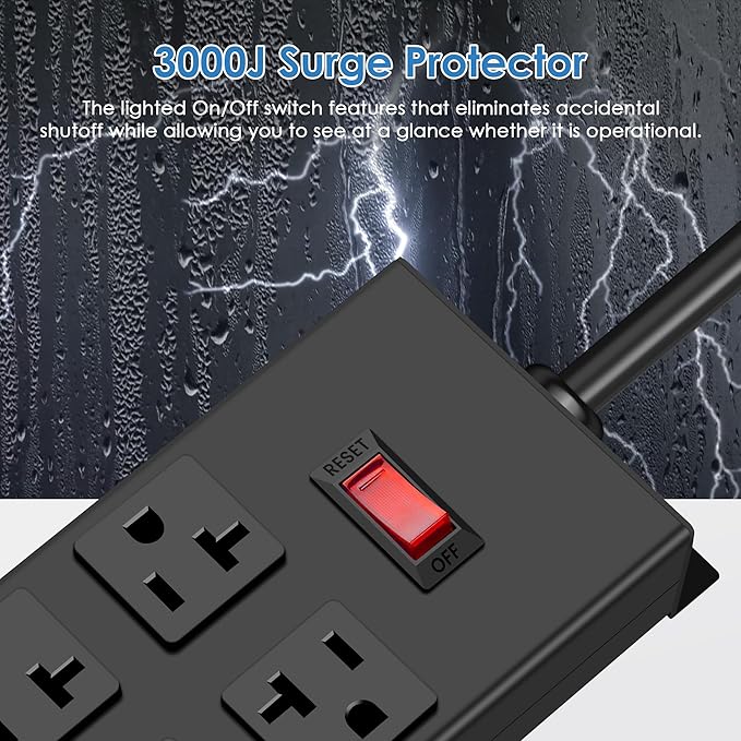 JUNNUJ Heavy Duty 20 Amp Power Strip, Garage 16 Outlets Metal 12 Gauge Surge Protector 3000J, High Amp 5-15P Adapter Shop 6-20R T-Slot Industrial Outlets (16AC, 15FT)