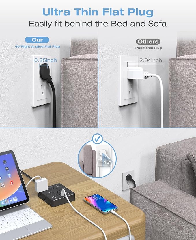 25FT Surge Protector Power Strip,12 AC Outlets with 6 USB Ports (2 USB-C), Flat Plug Extension Cord with Multiple Outlets, Wall Mount for Home Office,Dorm, Black