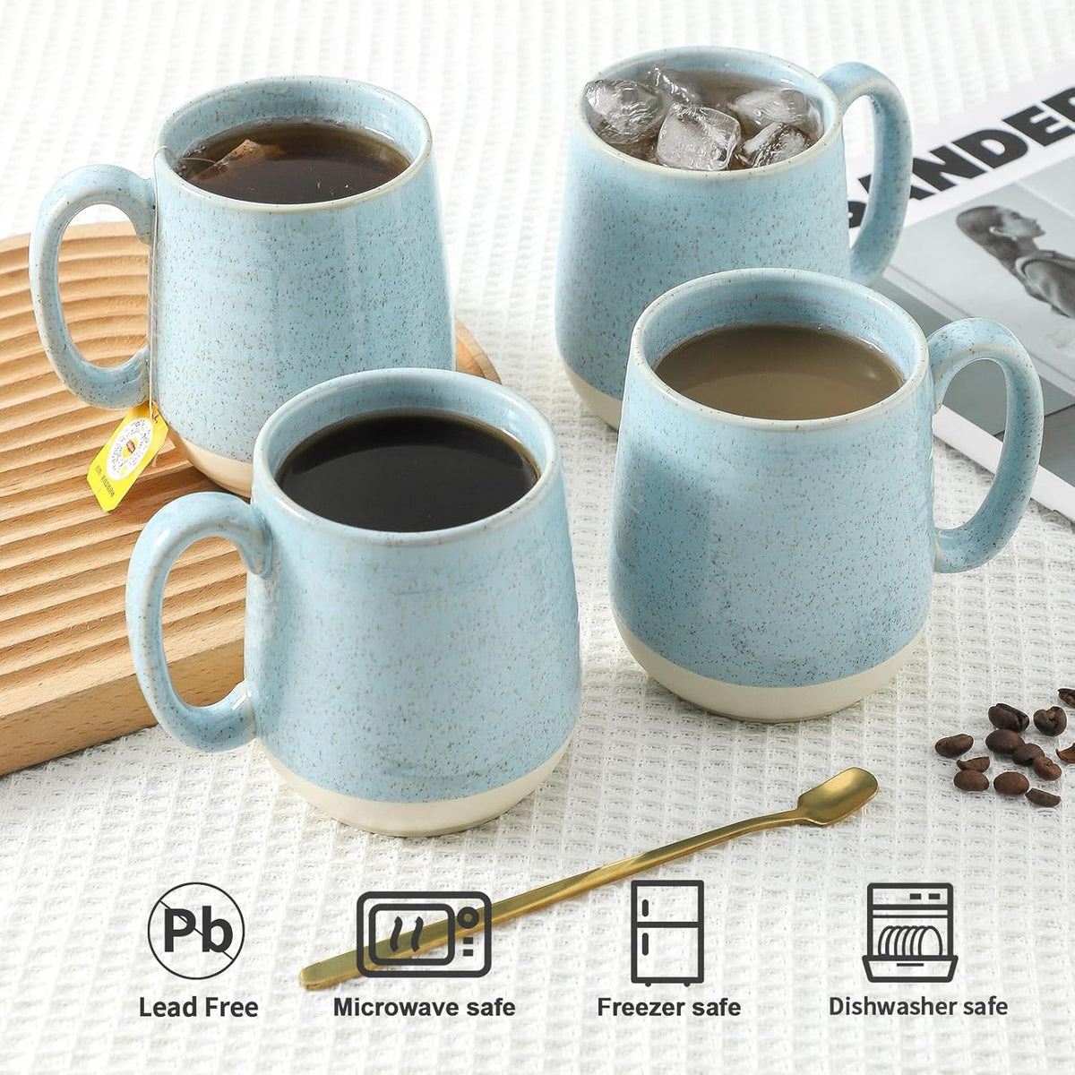 Hasense Ceramic Coffee Mugs Set of 4, 15 Oz Coffee Cup with Handle for Women and Men, Modern Large Latte Mugs for Cappuccino, Tea, Cocoa, Microwave Dishwasher Safe, Mother's Day Gifts, Light Blue