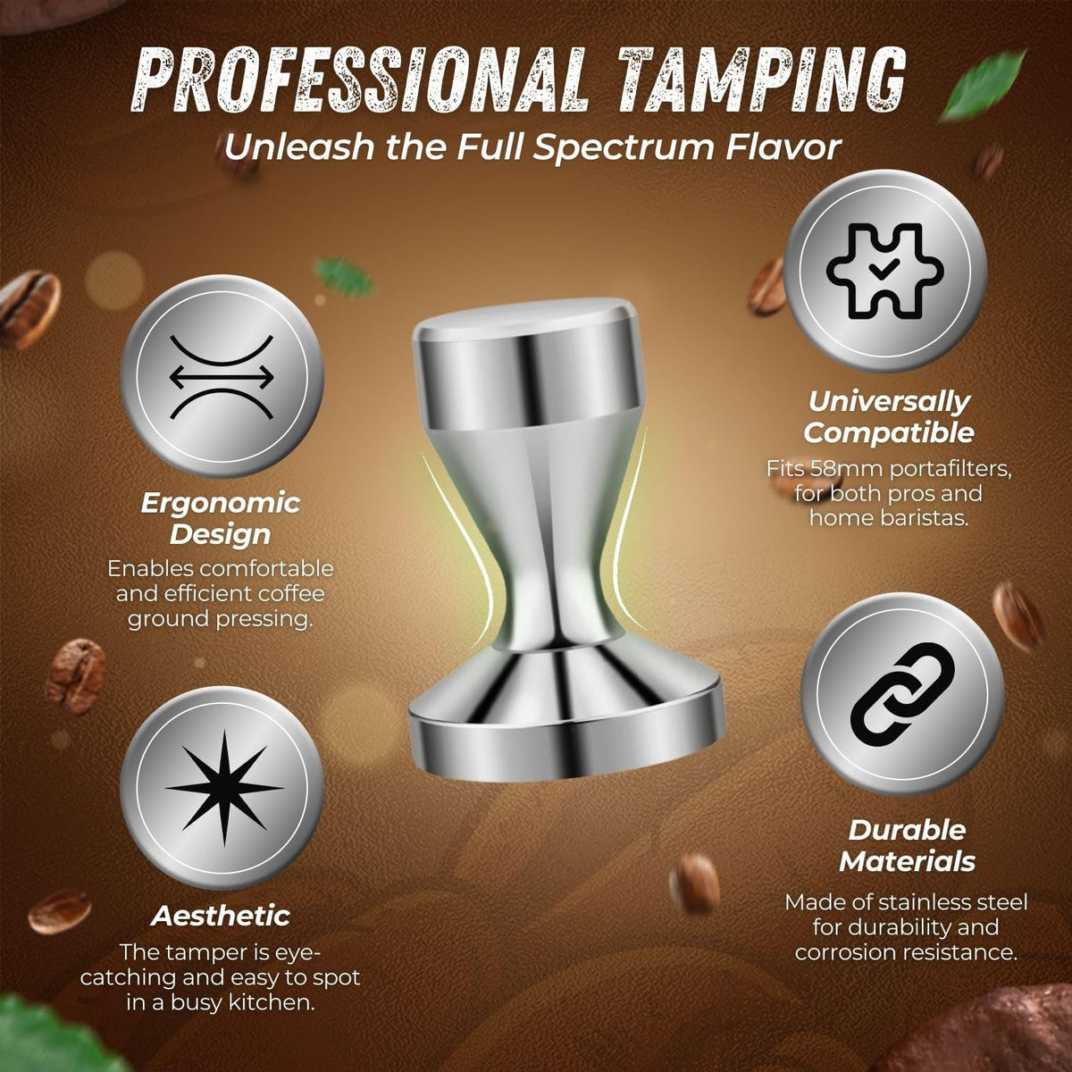 Flexzion Coffee Tamper 58mm Espresso Tamper Tool, Stainless Steel Barista-Quality Hand Press Espresso Maker with Ergonomic Silver Handle for Home and Professional Use
