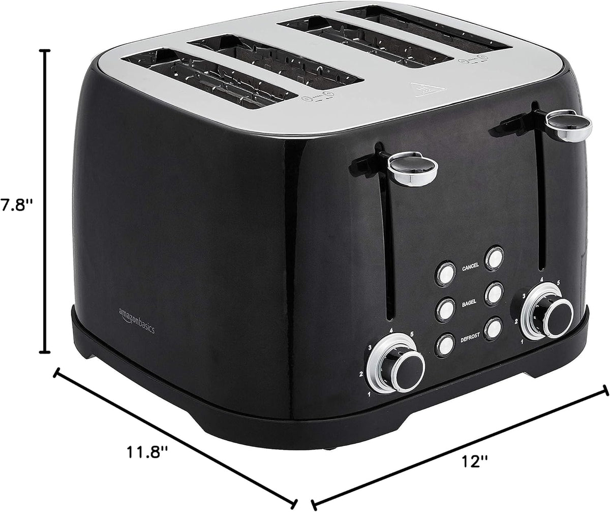 Amazon Basics 4 Slice Toaster, 6 Browning Settings, Removable Crumb Tray, Bagel and Defrost Function, Cancel Button, 1600W, Black