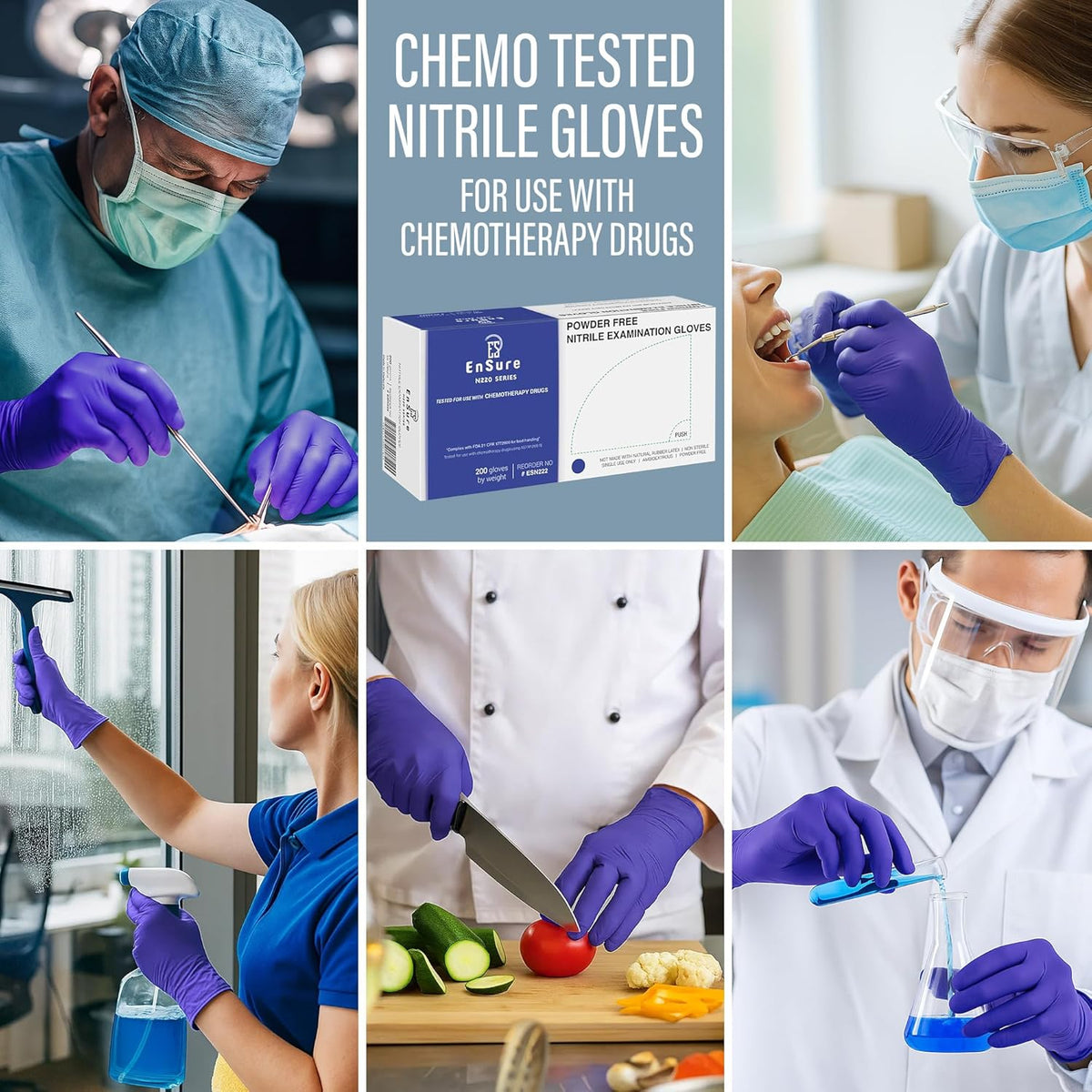 EnSure Nitrile Exam Gloves, Powder-Free, Latex-Free, Chemo Rated, Non-Sterile, Light Duty, Textured Tips, Medical, Surgical, Food Safe, Cleaning, Dental, Lab Use - 3 Mil (Medium, 200 Count)