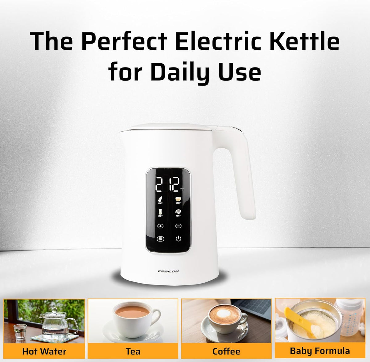 Epsilon LCD Electric Kettle 1500W - 1.7L Hot Water Tea Kettle with Digital Display, Temperature Control, Fast Boil, BPA-Free Electric Teapot with Auto Shut-Off & Boil Dry Protection