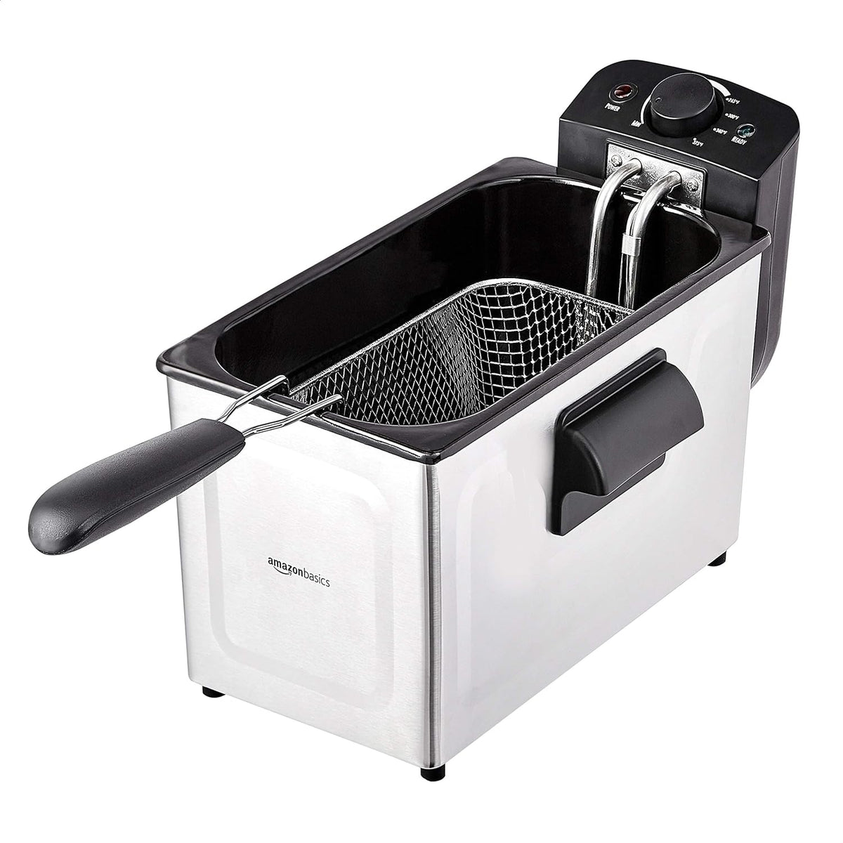 Amazon Basics 3.2-Qt (3.0L) Deep Fryer with 12-Cup Oil Capacity, Adjustable Temperature, Easy Draining Basket, Stainless Steel Exterior, Viewing Window, 1500W, Black & Silver