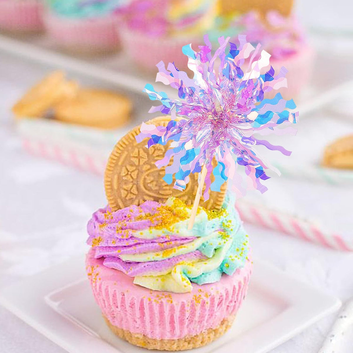 30 PCS Foil Firework Cupcake Toppers Sparkle Tinsel Cupcake Picks Happy Birthday Cake Toppers Drink Stirrers Cocktail Food Fruit Toothpicks for Baby Shower Birthday Party Decorations Supplies Purple
