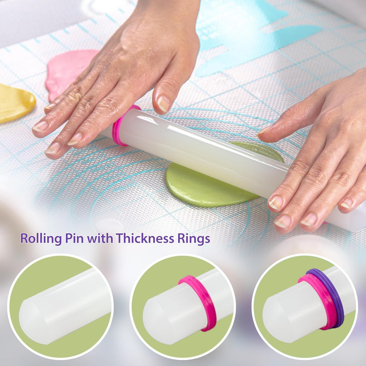 Bakerpan Fondant Roller 3 Size Set, for Rolling Fondant, Gum Paste, Dough, Large, Medium and Small Rolling Pins with Thickness Rings, 19.5", 13", 9" Rollers