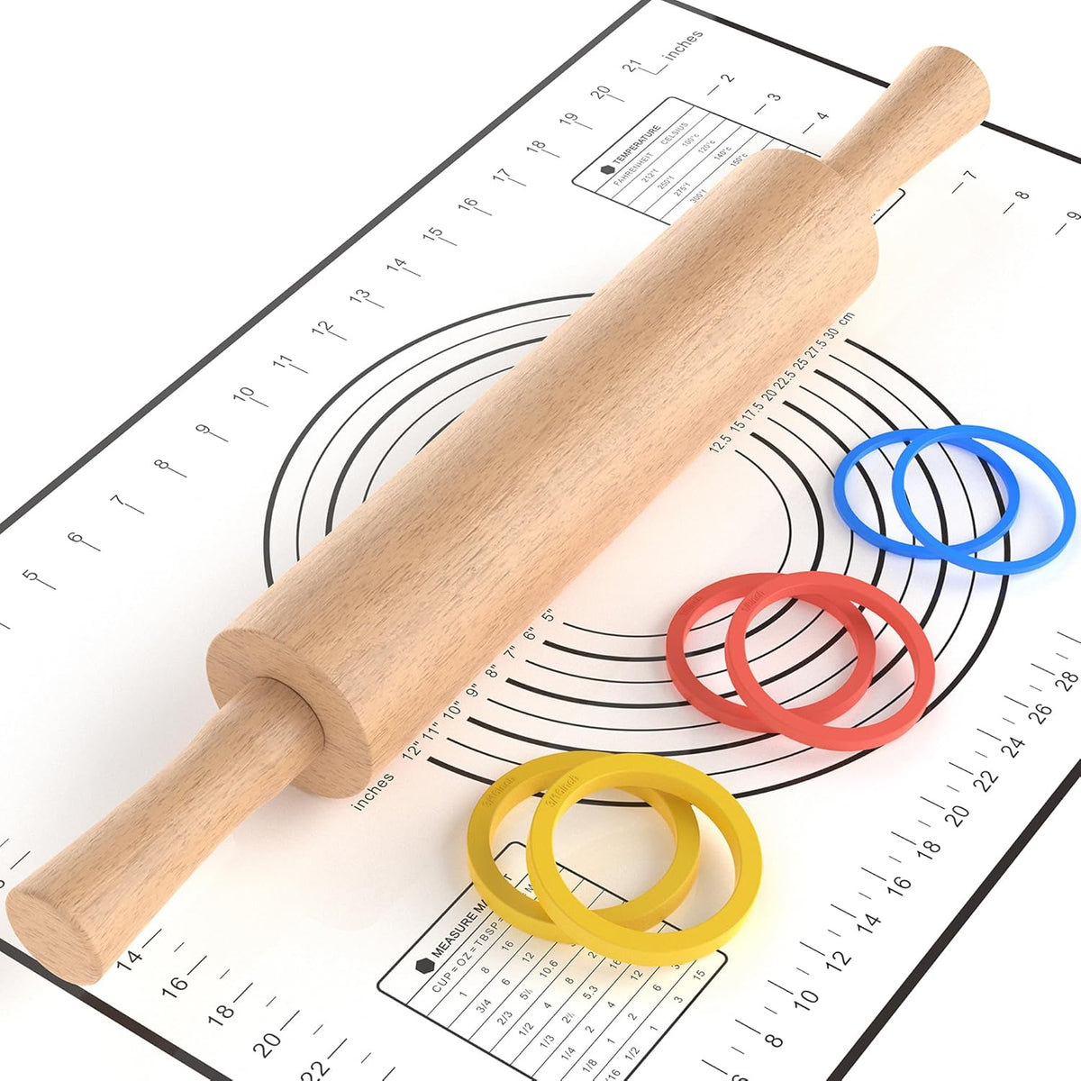 Classic Wooden Rolling Pin with Handle and Pastry Mat for Fondant, Pizza, Pies, Cookies, Rolling Pin for Baking with 3 Multi-Color Thickness Rings, 17" x 2.5" Natural Beechwood
