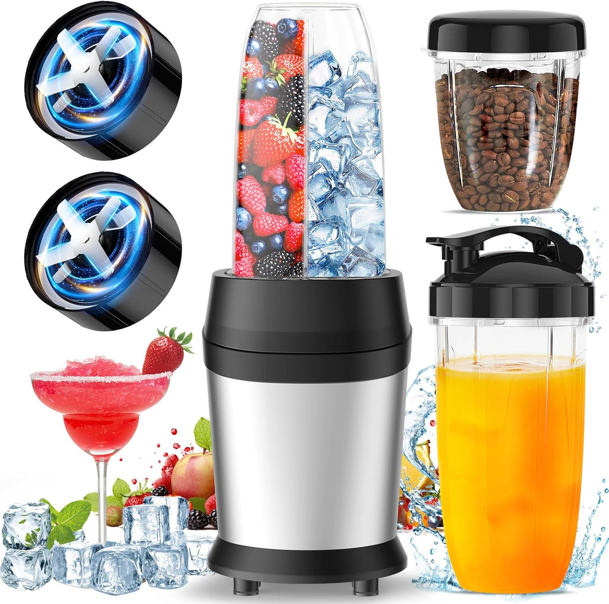 12-Piece Smoothie Blender Maker 25,000 RPM Personal Blender for Ice Crushing Smoothies & Frozen Drinks Nuts with 23oz, 32oz, 37oz Portable Cups Two 6-Leaf Stainless Steel Blades, Silver