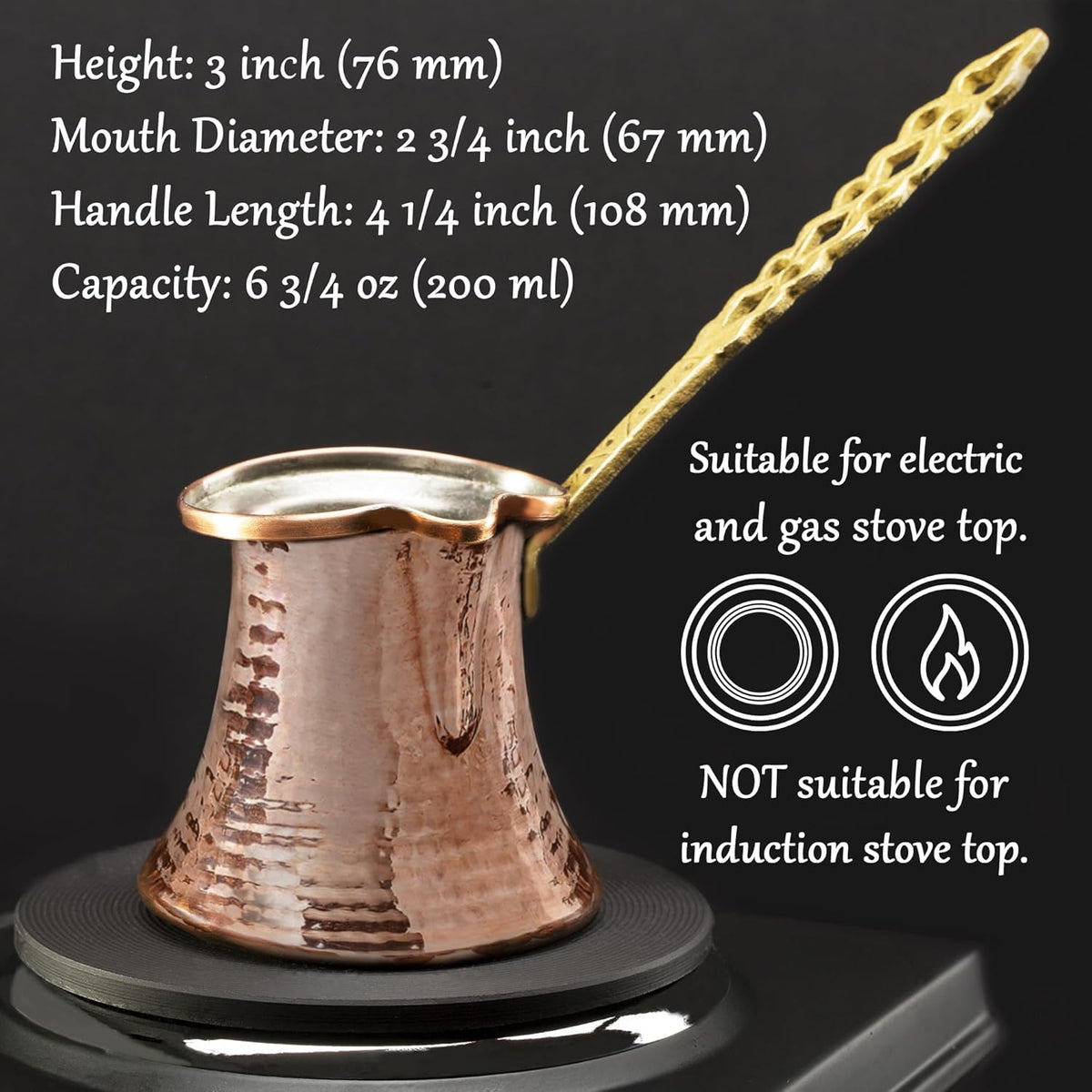 Volarium Turkish Coffee Pot, Greek Arabic Coffee Maker, Hammered Copper Coffee Cezve, Stove Top Coffee Maker (Small)