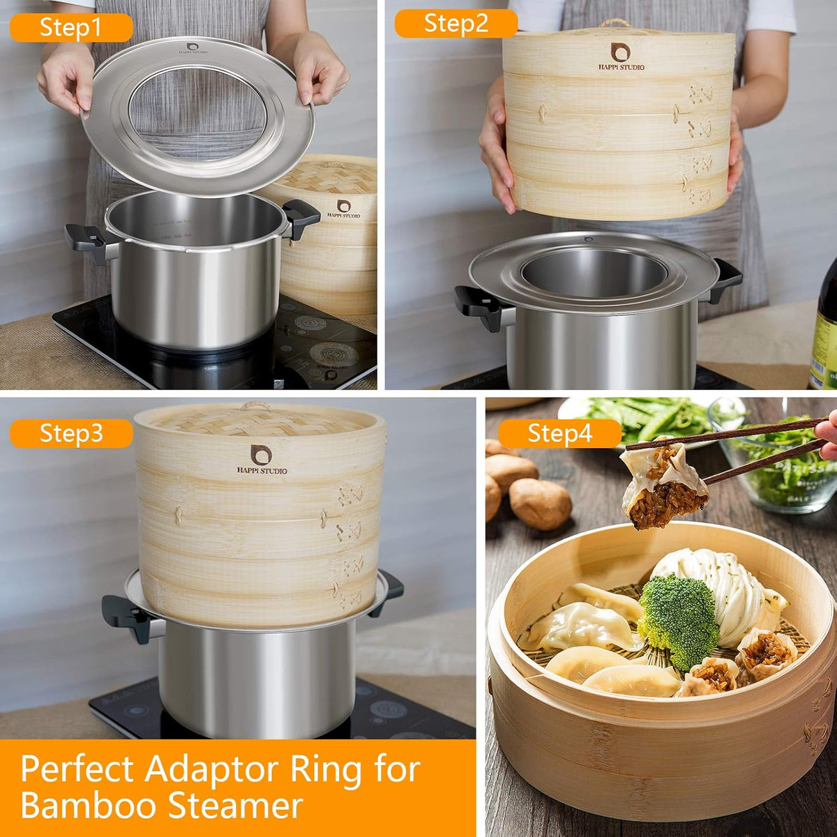 Steamer Ring Stainless Steel Adapter for 8 to 11inch Bamboo Steamer Baskets (Stainless Steel Ring Only)