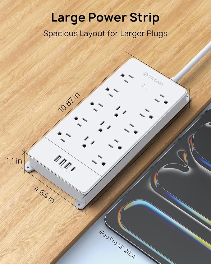 TROND Surge Protector Power Strip 15 ft Cord - Long Extension Cord, 13 Widely-Spaced Outlets Expansion with USB C Ports, 4000 Joules, Flat Plug, Wall Mount, ETL Listed, Office Desk Accessory, White