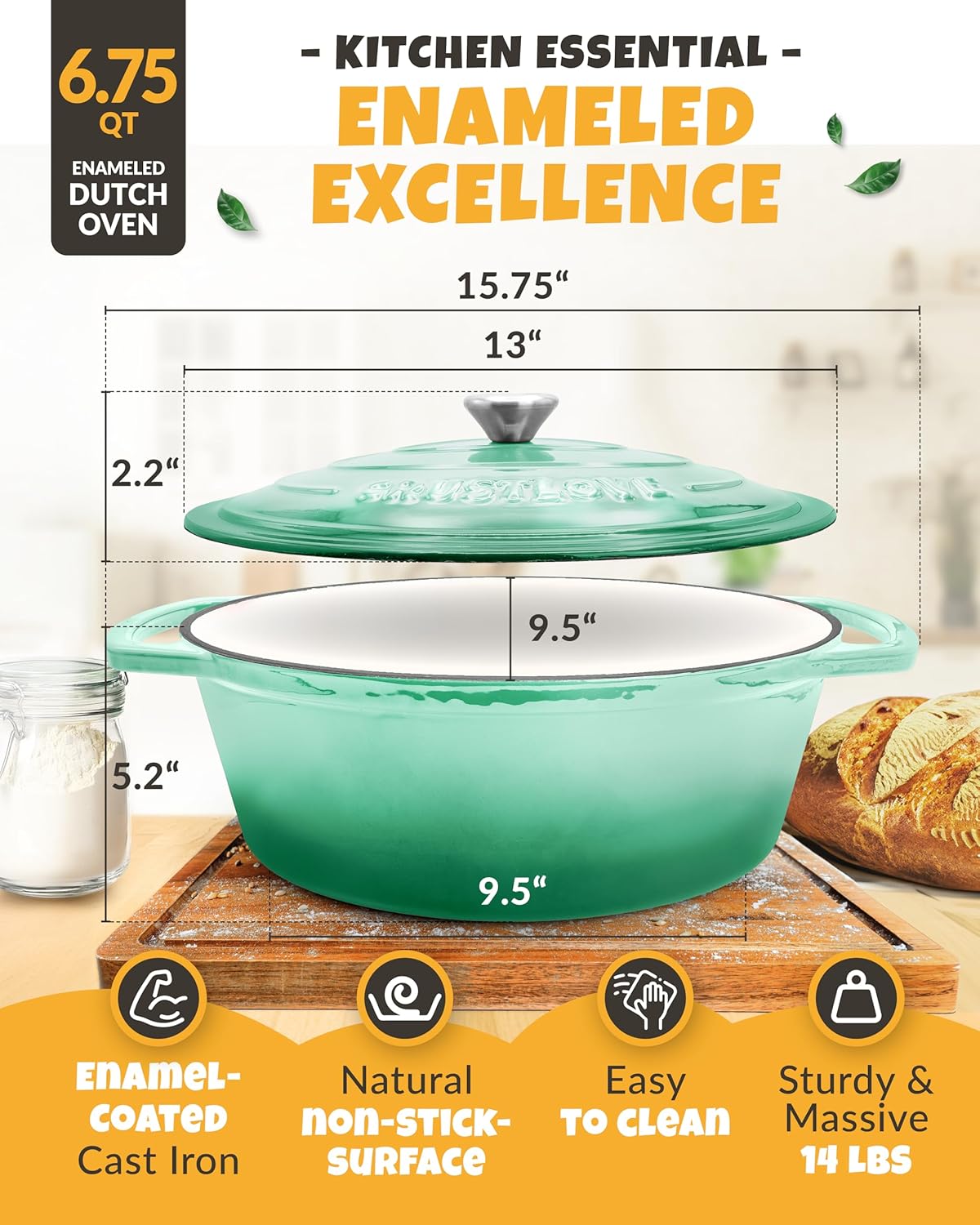 Dutch Oven for Baking - incl. Sourdough Baking Supplies like Banneton Proofing Basket - 6.75QT Enameled Oval Cast Iron Bread Oven with Lid and Scoring Tool Lame