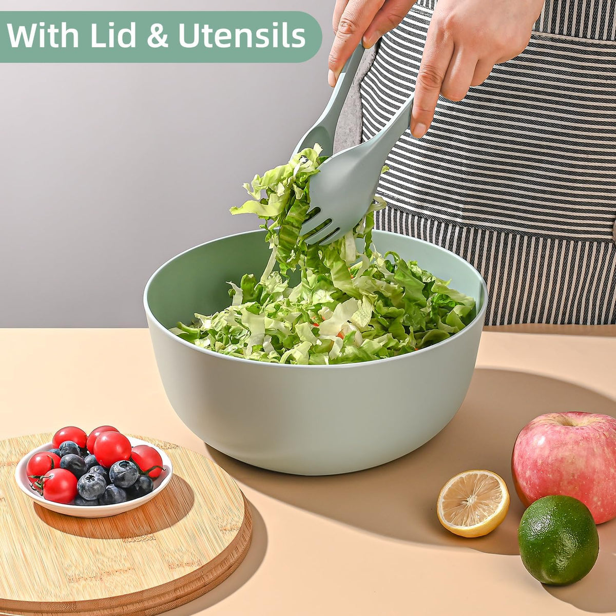 Bamboo Fiber Salad Bowl with Servers Set Large 9.8inches Nature Bamboo Mixing Bowl with Servers with Lid Spoon and Fork for Fruits,Salads and Vegetables