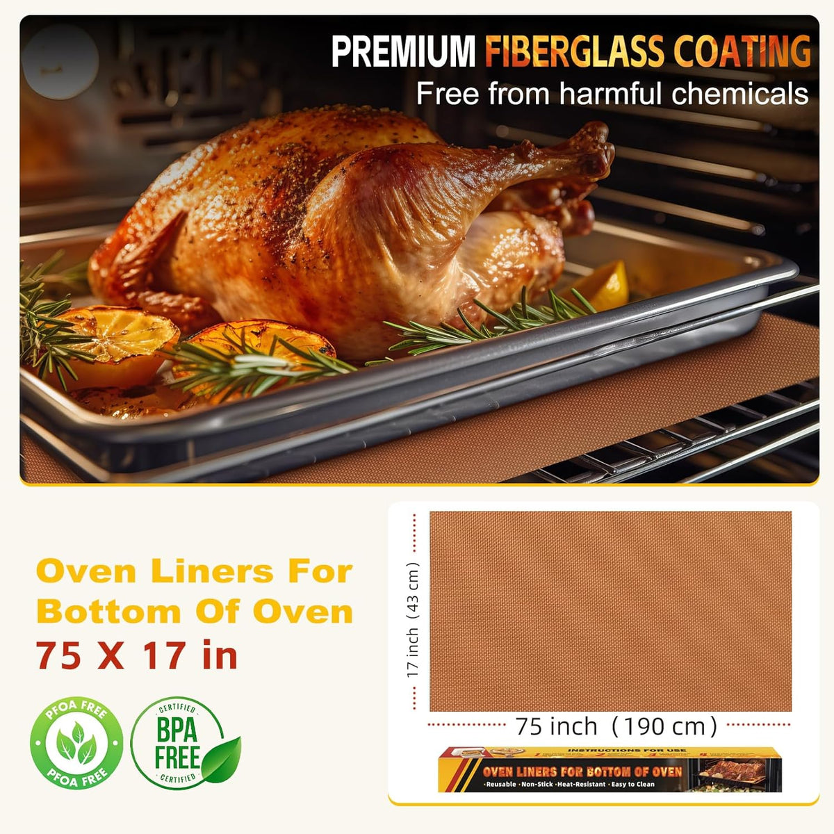 Large Oven Liners for Bottom of Oven, 17"x75" Heavy Duty Non-Stick Oven Liner Mat, Reusable Heat Resistant Grill & Baking Mat, BPA/PFOA Free Roaster Liners, Fits Electric, Gas, Toaster Ovens (Copper)